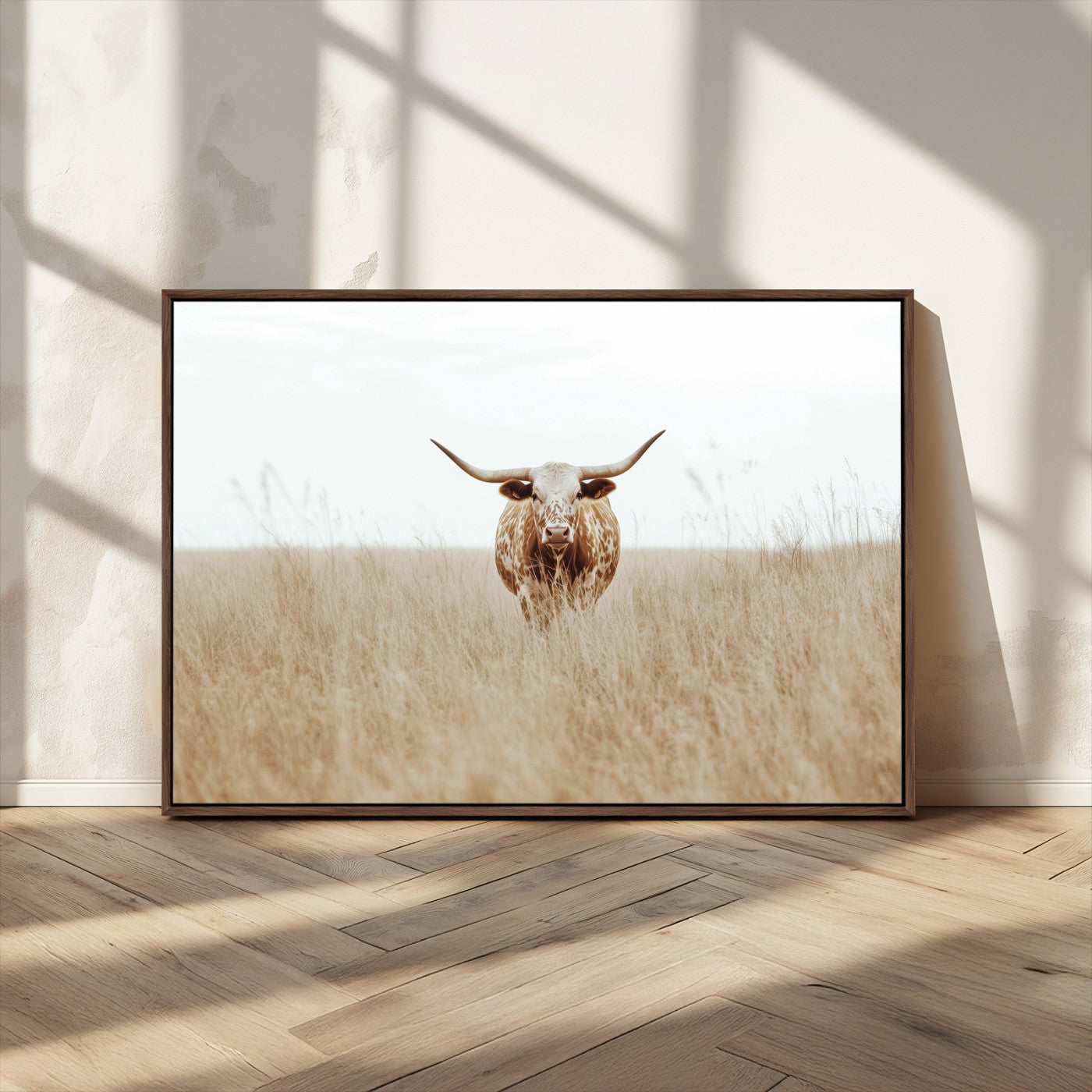 MGV-FC-36X24 - Texas Longhorn Wall Art Canvas Print, Framed Lone Cattle Art Picture Print, Longhorn Bull Perfect Rustic Western Decor Artwork