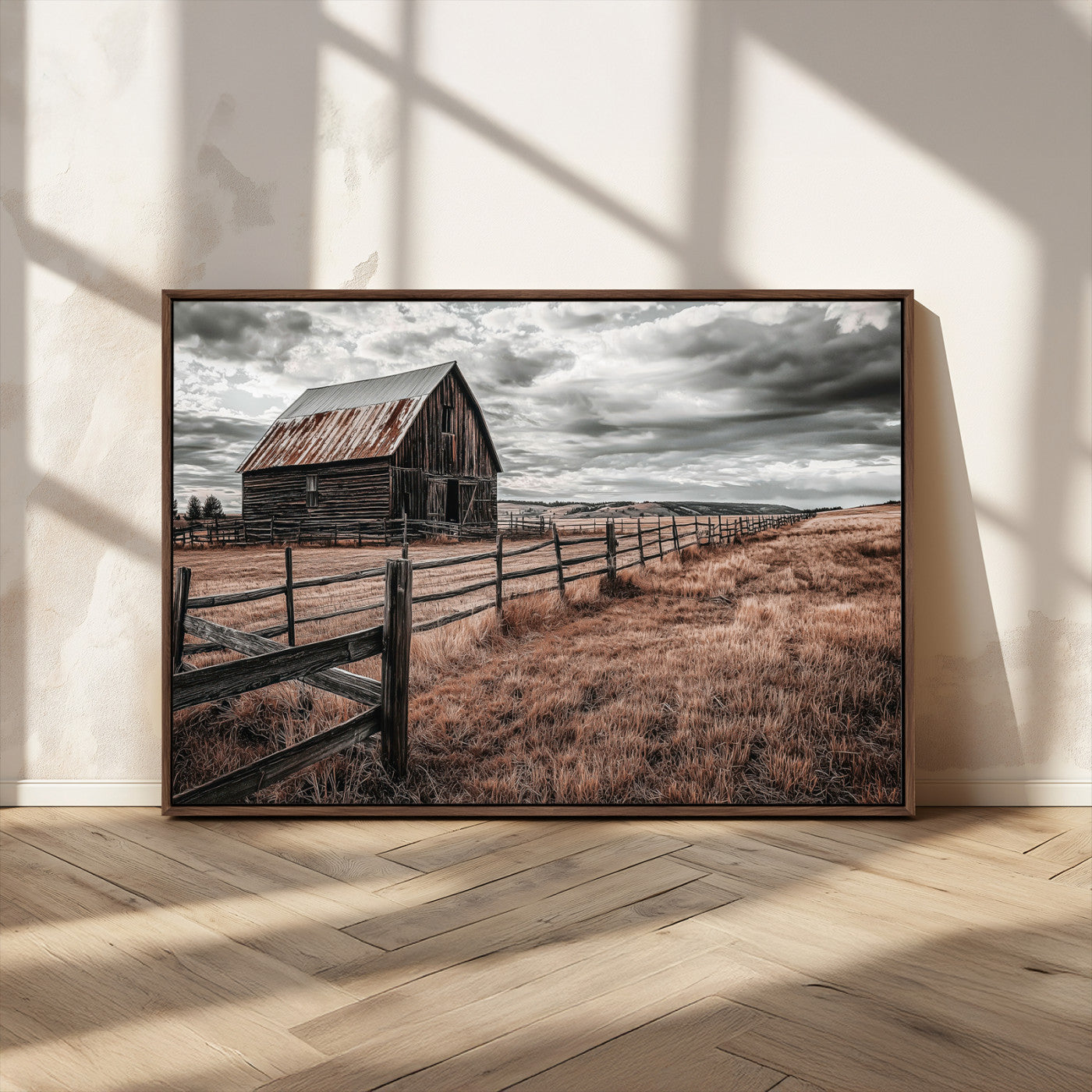MGV-FC-36X24 - Rustic Barn Wall Art Canvas Print, Framed Moody Field Art Picture Print, Weathered Fence Perfect Moody Farmhouse Decor Artwork