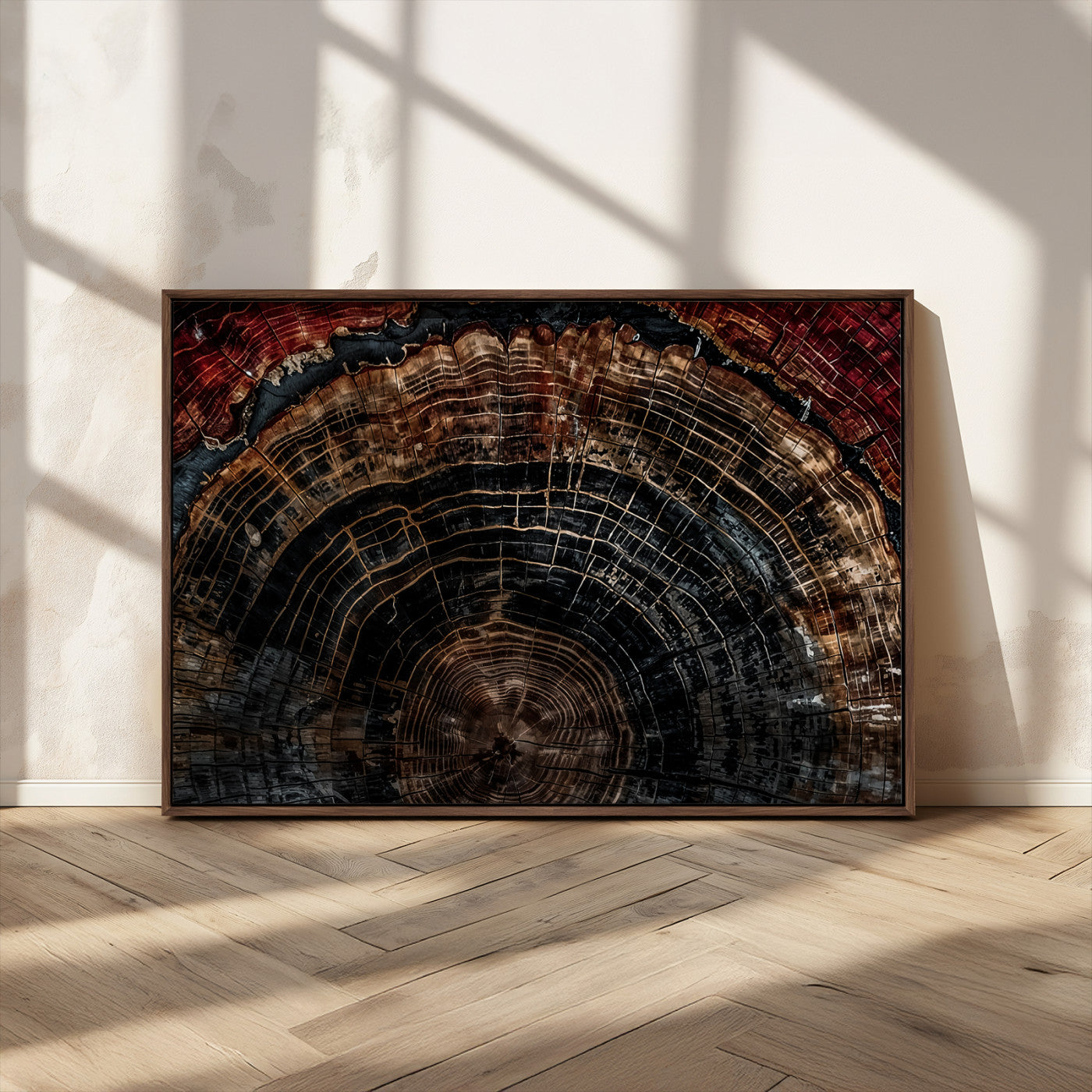 MGV-FC-36X24 - Dark Wood Ring Wall Art Canvas Print, Framed Abstract Wood Tree Art Picture Print, Rustic Tree Slice Perfect Rustic Decor Artwork