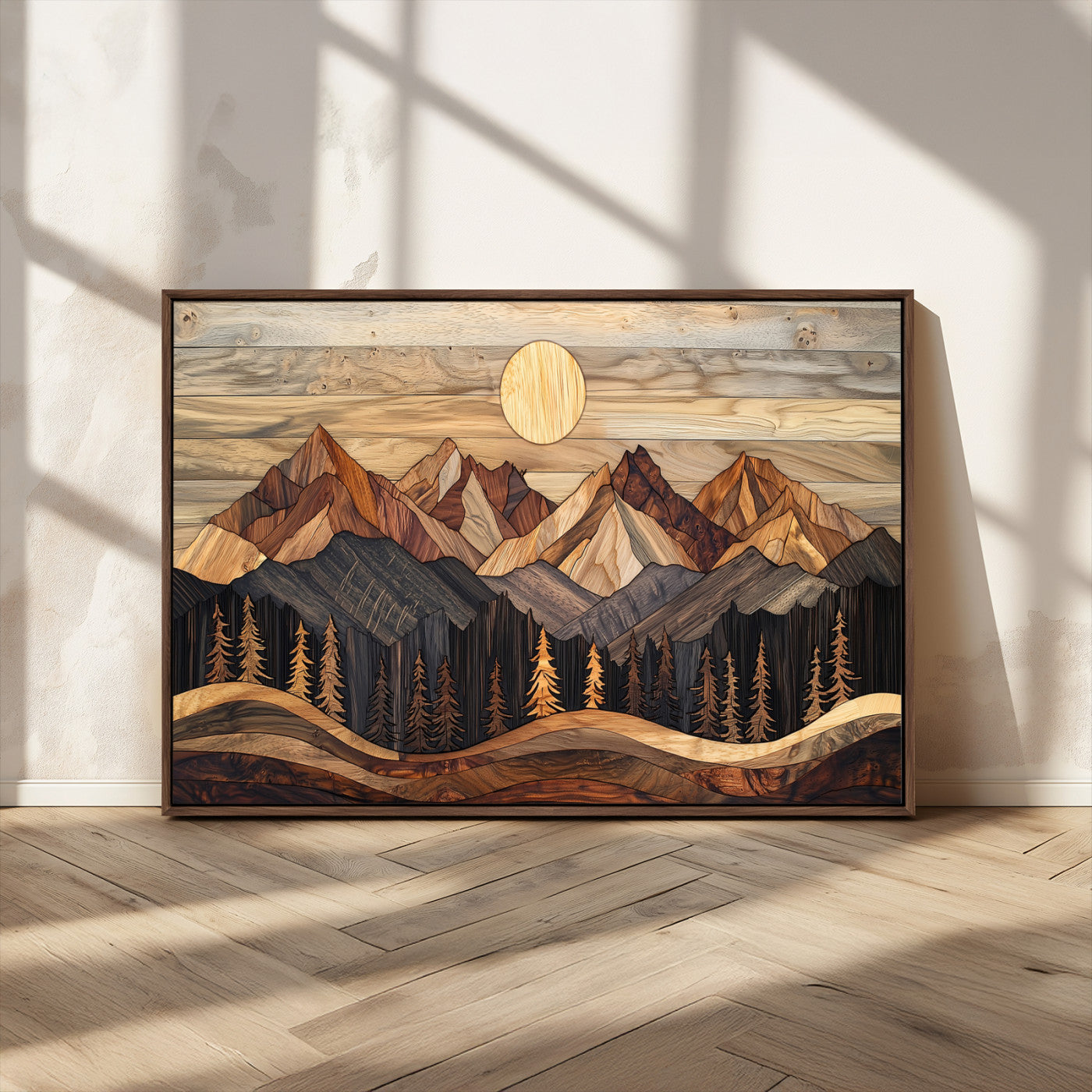 MGV-FC-36X24 - Wood Mountain Wall Art Canvas Print, Framed Boho Wood Art Picture Print, Abstract Woodland Perfect Farmhouse Decor Artwork