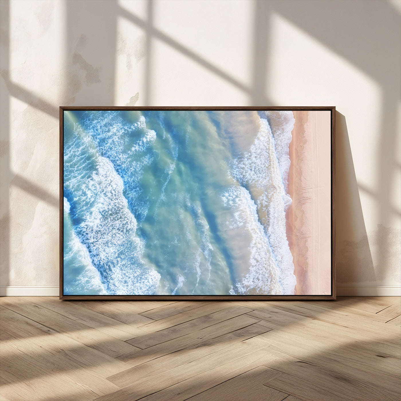 MGV-FC-36X24 - Aerial Ocean View Wall Art Canvas Print, Framed Soft Blue Waves Art Picture Print, Sandy Shoreline Perfect Modern Coastal Decor Artwork