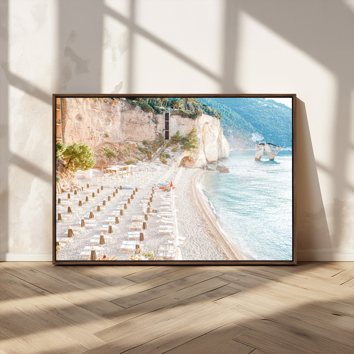 84816639-MGV-CV-36X24 - Sunny Beach Wall Art – Chairs & Umbrellas Canvas Print, Clear Water, Rocky Cliffs, Coastal Calm for Living Room or Vacation Home Decor