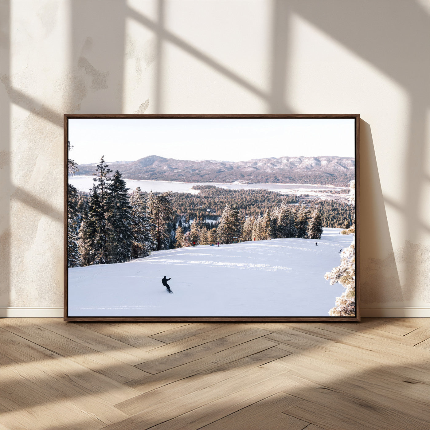 79857868-MGV-CV-36X24 - Snowboarder Wall Art – Winter Slope Canvas Print, Pine Forest, Snow-Covered Mountains, Outdoor Adventure for Living Room or Cabin Decor