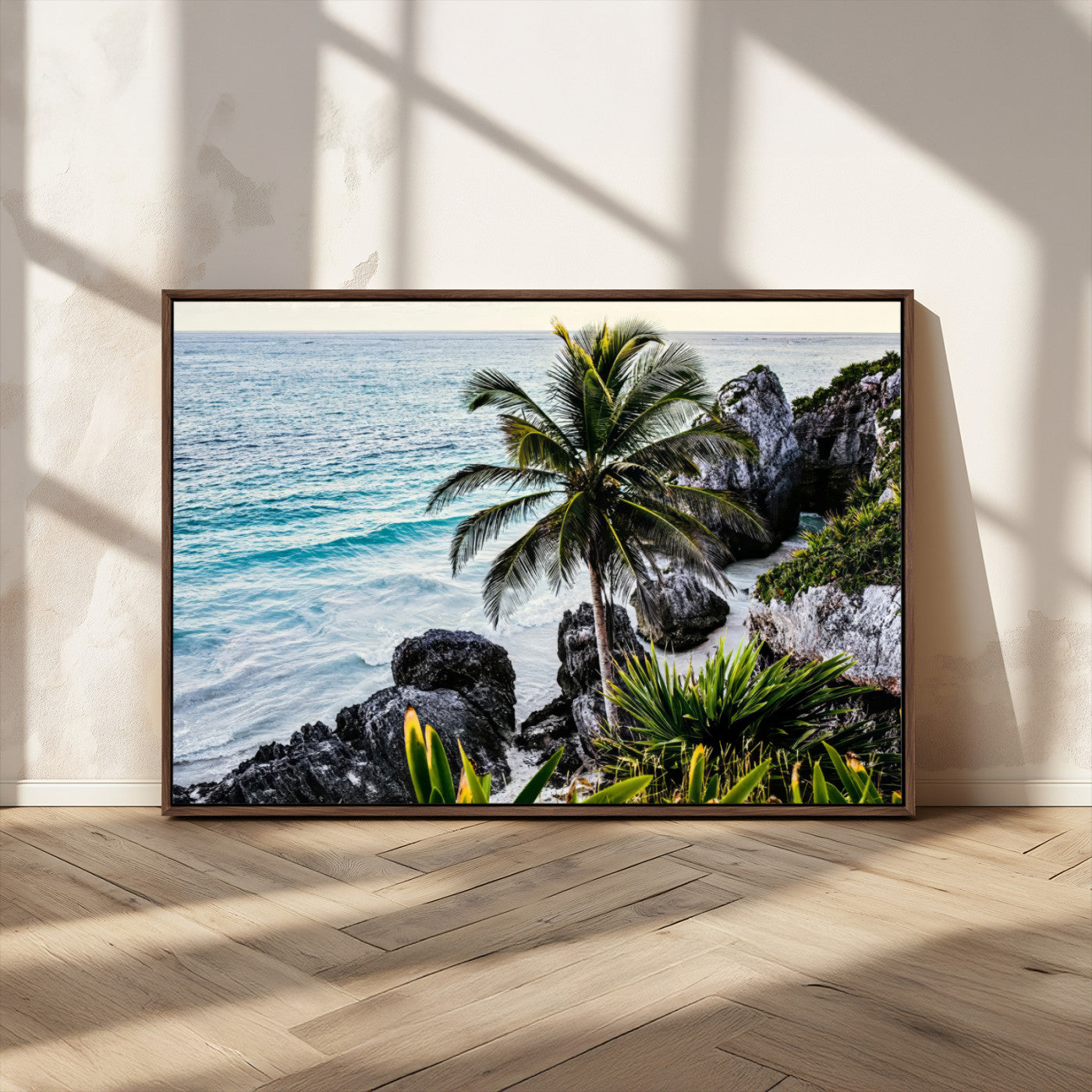 94669907-MGV-CV-36X24 - Tropical Palm Wall Art – Coastal Rocks Canvas Print, Ocean Breeze, Sandy Shore, Vibrant Green Foliage for Living Room or Beach House Decor