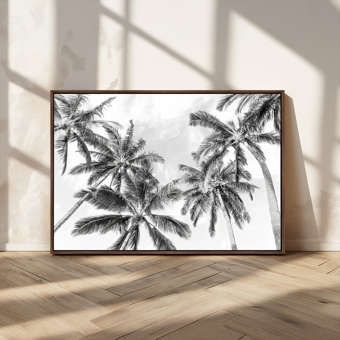 MGV-FC-36X24 - Black White Palm Wall Art Canvas Print, Framed Monochrome Tropics Art Picture Print, Minimalist Beach Perfect Coastal Minimalist Decor Artwork