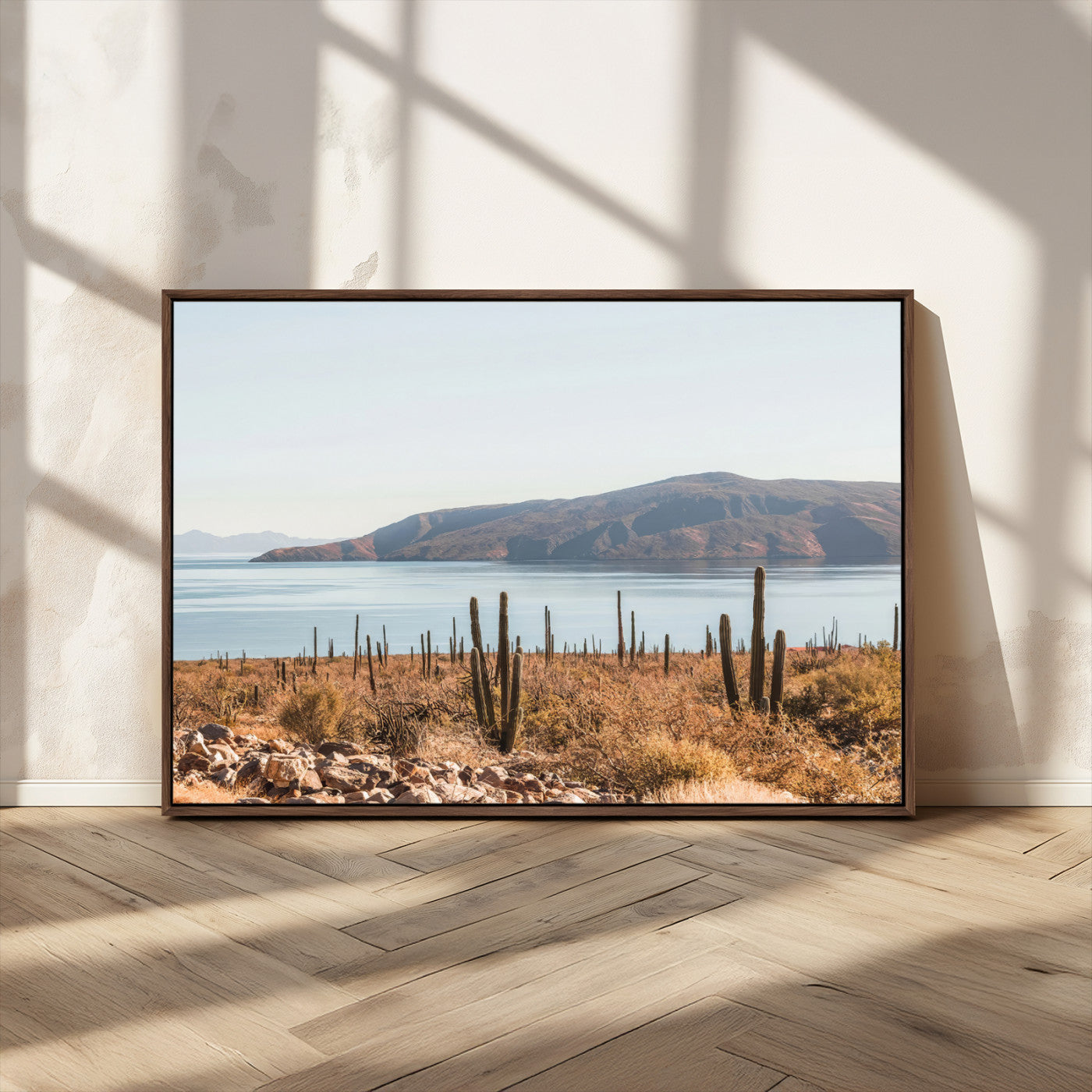 MGV-FC-36X24 - Desert Cactus Wall Art Canvas Print, Framed Baja Coastline Art Picture Print, Coastal Desert Perfect Southwestern Minimalist Decor Artwork