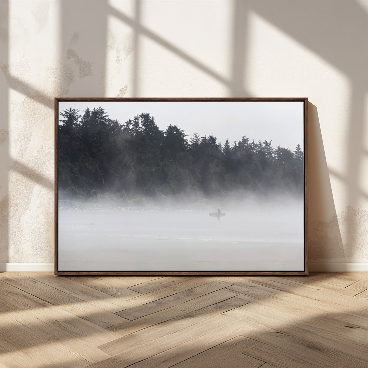 MGV-FC-36X24 - Surfer in Fog Wall Art Canvas Print, Framed Foggy Beach Art Picture Print, Coastal Surf Perfect Moody Coastal Decor Artwork