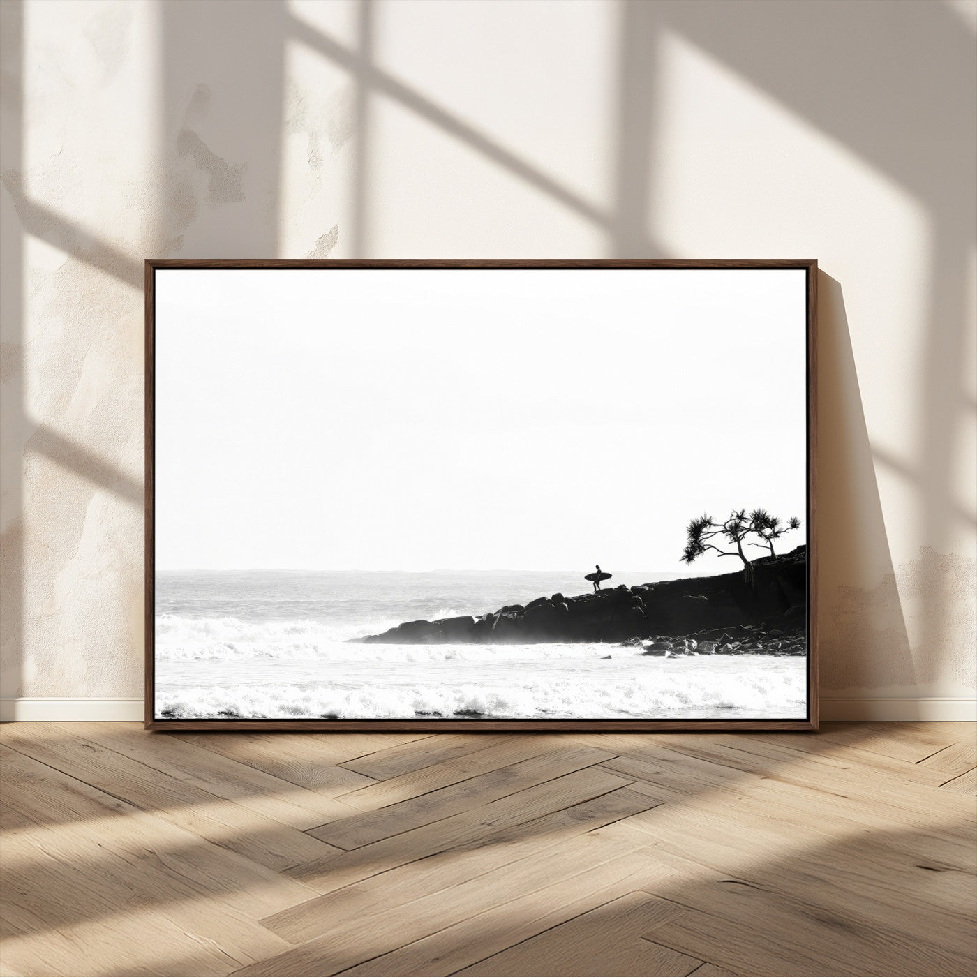 MGV-FC-36X24 - SurferCliffs Wall Art Canvas Print, Framed Black White Beach Art Picture Print, Ocean Waves Perfect Minimalist Coastal Decor Artwork