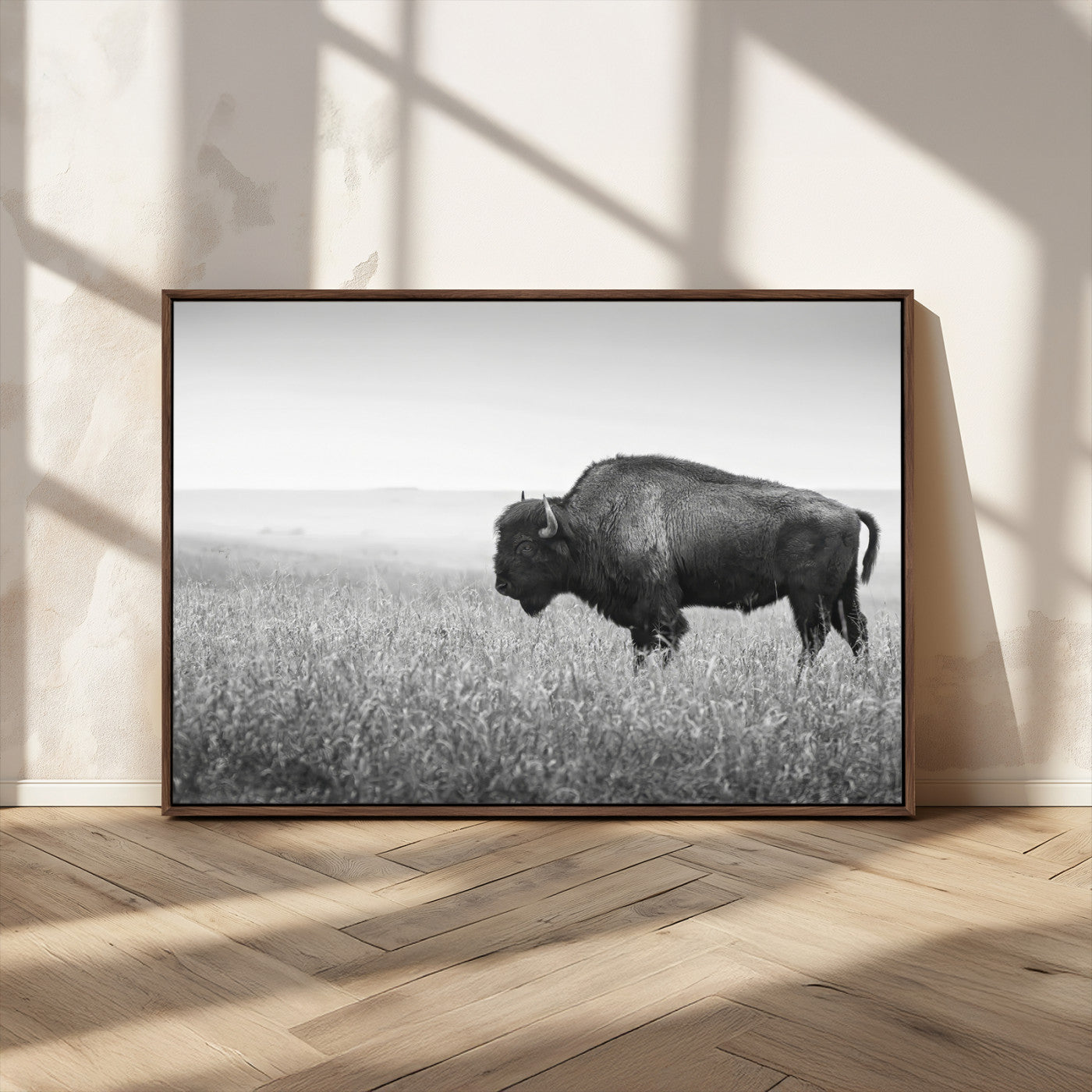 MGV-FC-36X24 - Bison In Prairie Wall Art Canvas Print, Framed Rustic Wildlife Art Picture Print, Wild Buffalo Perfect Rustic Western Decor Artwork