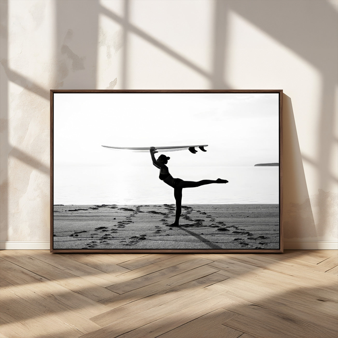 MGV-FC-36X24 - Yoga Surf Wall Art Canvas Print, Framed Black White Shore Art Picture Print, Peaceful Ocean Perfect Minimalist Coastal Decor Artwork
