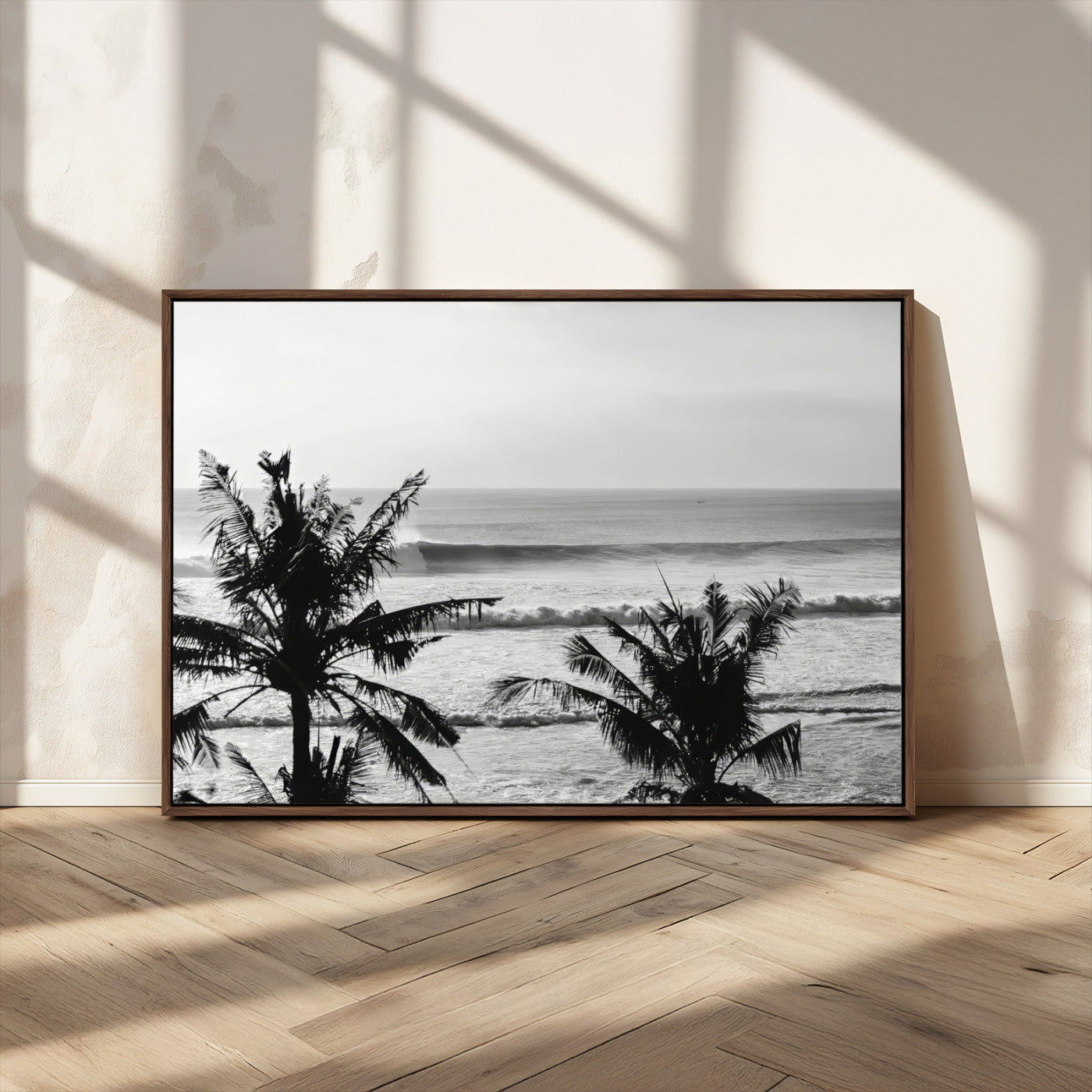 MGV-FC-36X24 - Tropical Coastline Wall Art Canvas Print, Framed Palm Trees Art Picture Print, Ocean Waves Perfect Minimalist Coastal Decor Artwork