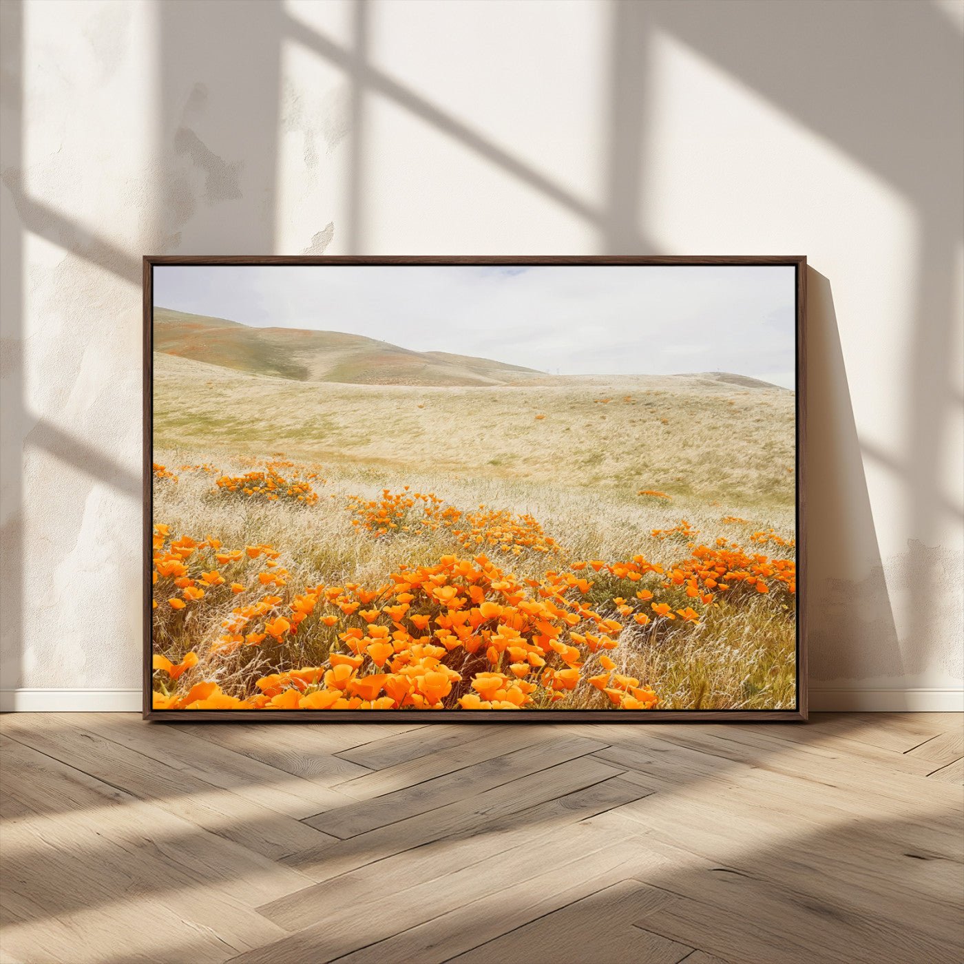 MGV-FC-36X24 - Golden Wildflowers Wall Art Canvas Print, Framed Hills Bloom Art Picture Print, Poppy Meadow Perfect Rustic Nature Decor Artwork