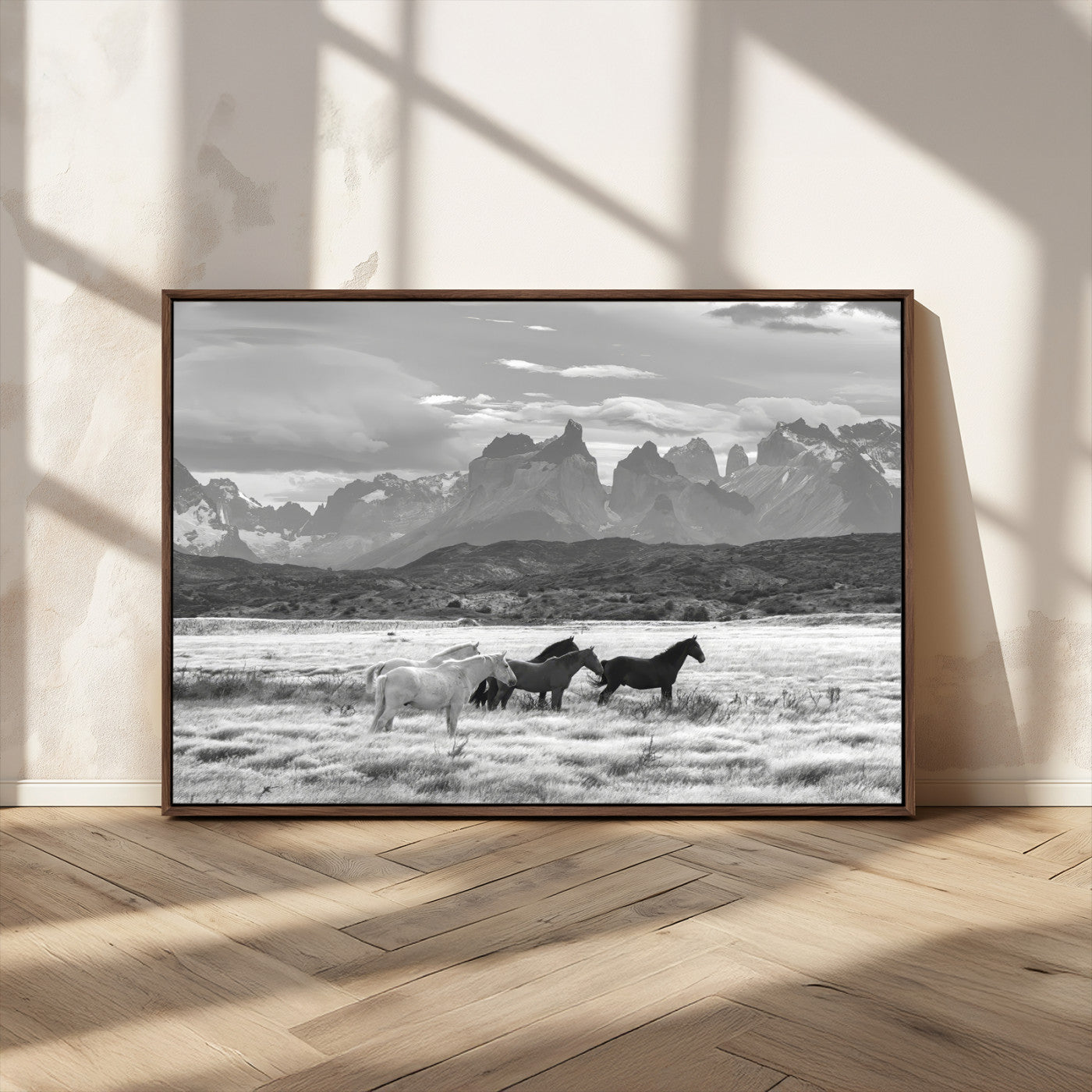 MGV-FC-36X24 - Wild Horses Wall Art Canvas Print, Framed Black White Mountains Art Picture Print, Rustic Countryside Perfect Rustic Western Decor Artwork