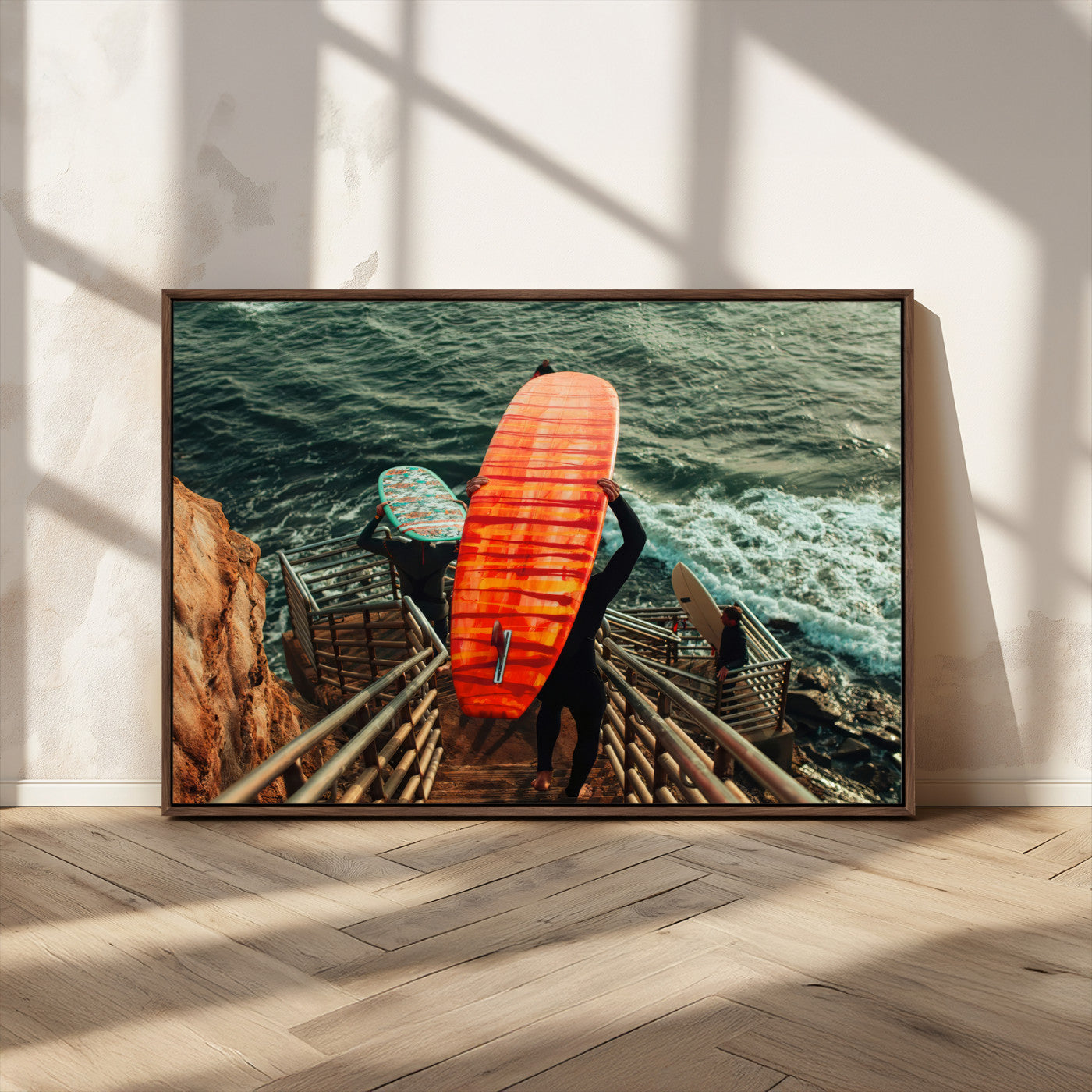 MGV-FC-36X24 - Surfer Stairway Wall Art Canvas Print, Framed Ocean Surf Art Picture Print, Sunset Coastal Perfect Coastal Adventure Decor Artwork