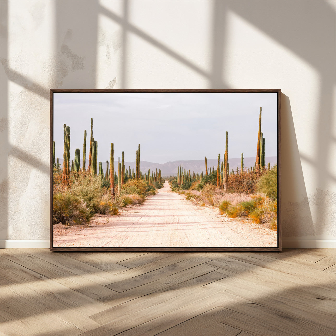 MGV-FC-36X24 - Desert Cactus Lined Road Wall Art Canvas Print, Framed Southwestern Landscape Art Picture Print, Bohemian Western Aesthetic Perfect Southwestern Boho Decor Artwork