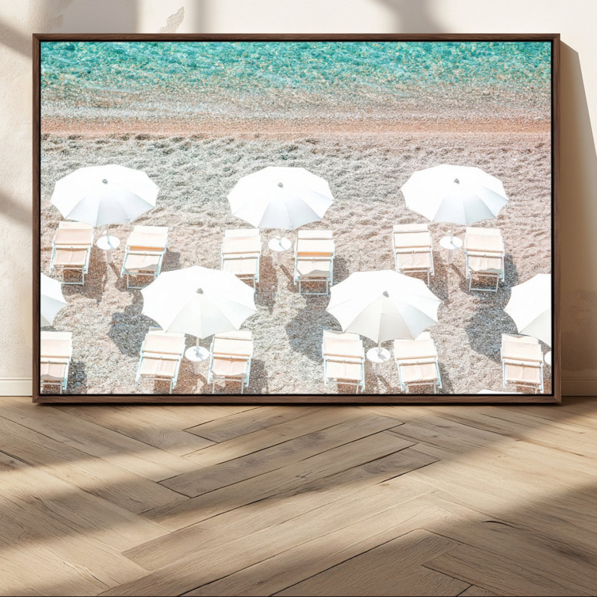 MGV-FC-36X24 - Calm Beach Wall Art Canvas Print, Framed Turquoise Water Art Picture Print, Umbrella Shoreline Perfect Coastal Minimalist Decor Artwork