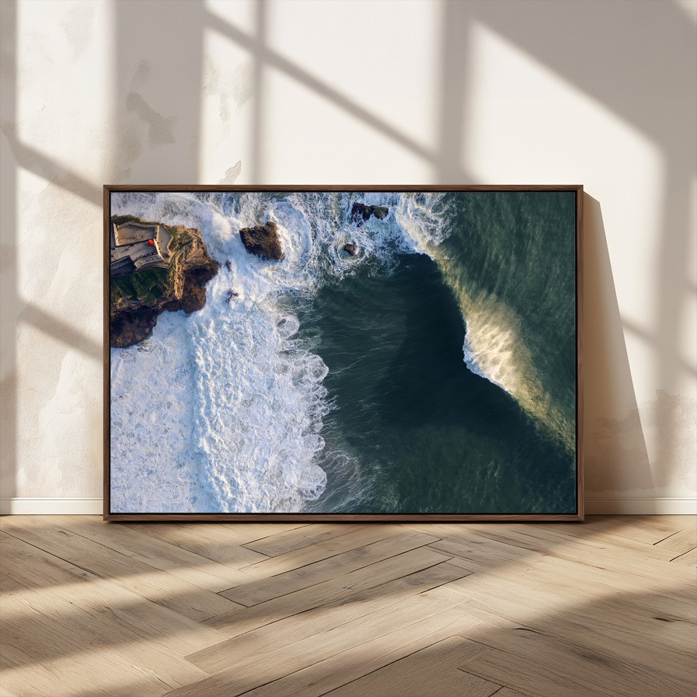 MGV-FC-36X24 - Nazaré Coast Wall Art Canvas Print, Framed Aerial Ocean Art Picture Print, Coastal Fortress Perfect Dramatic Coastal Decor Artwork