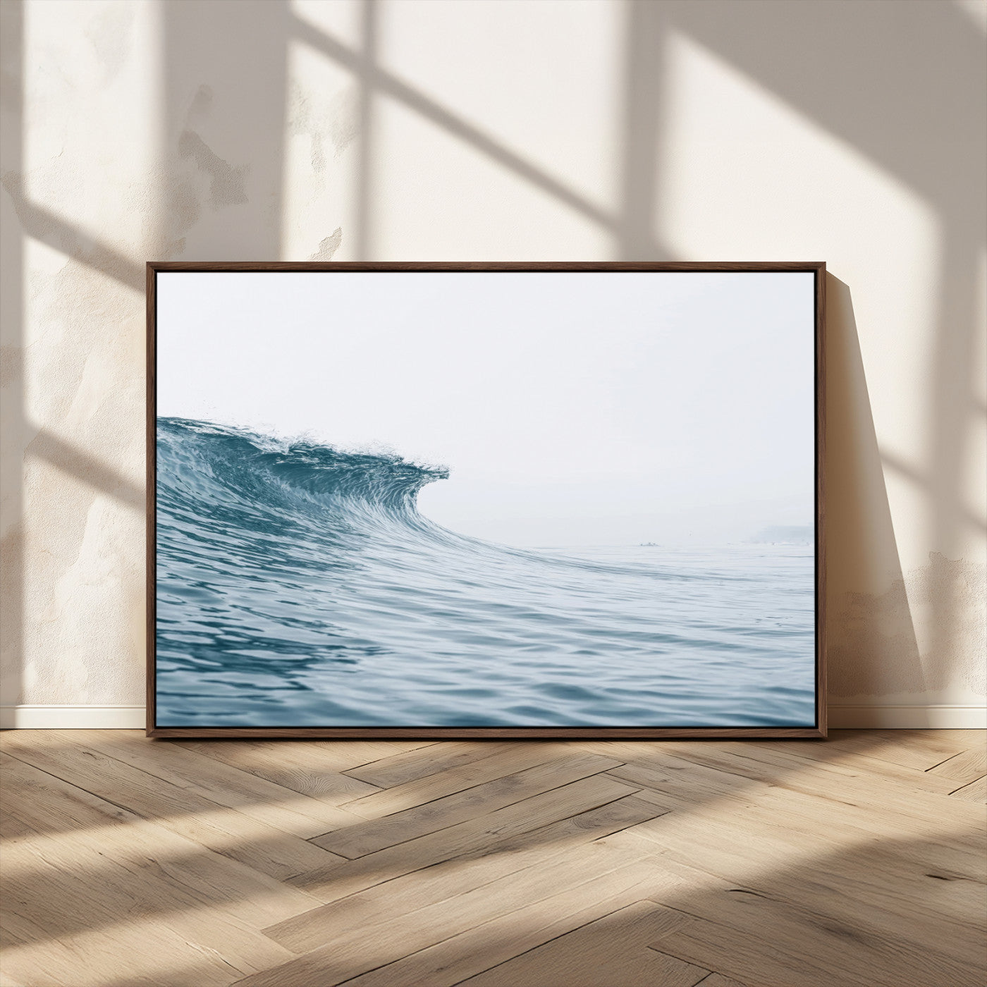A single ocean wave curling in soft blue tones under a misty sky, ideal for coastal or minimalist home wall decor.
