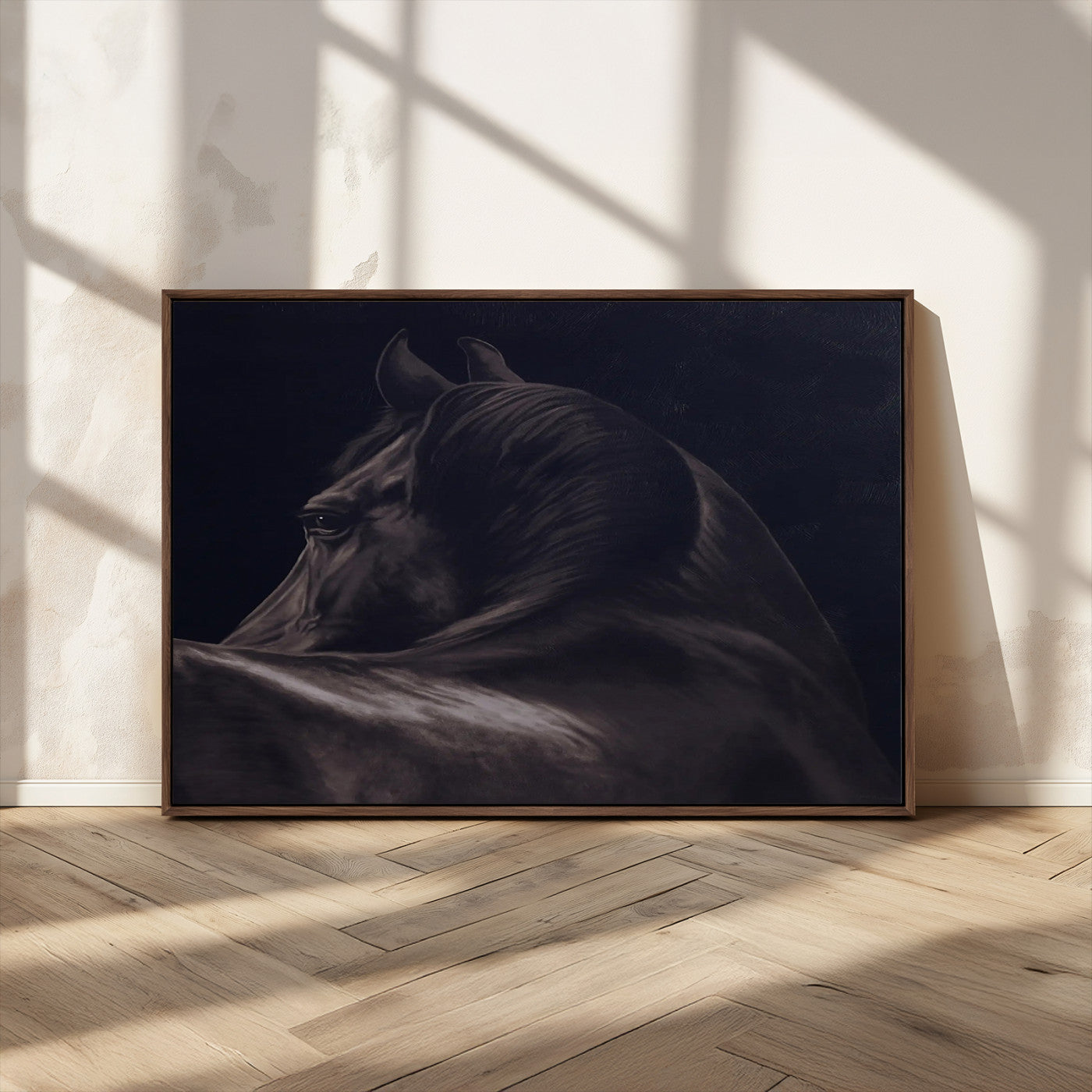 Moody black horse portrait with dramatic lighting on dark background, ideal for rustic, modern or Western style home decor.