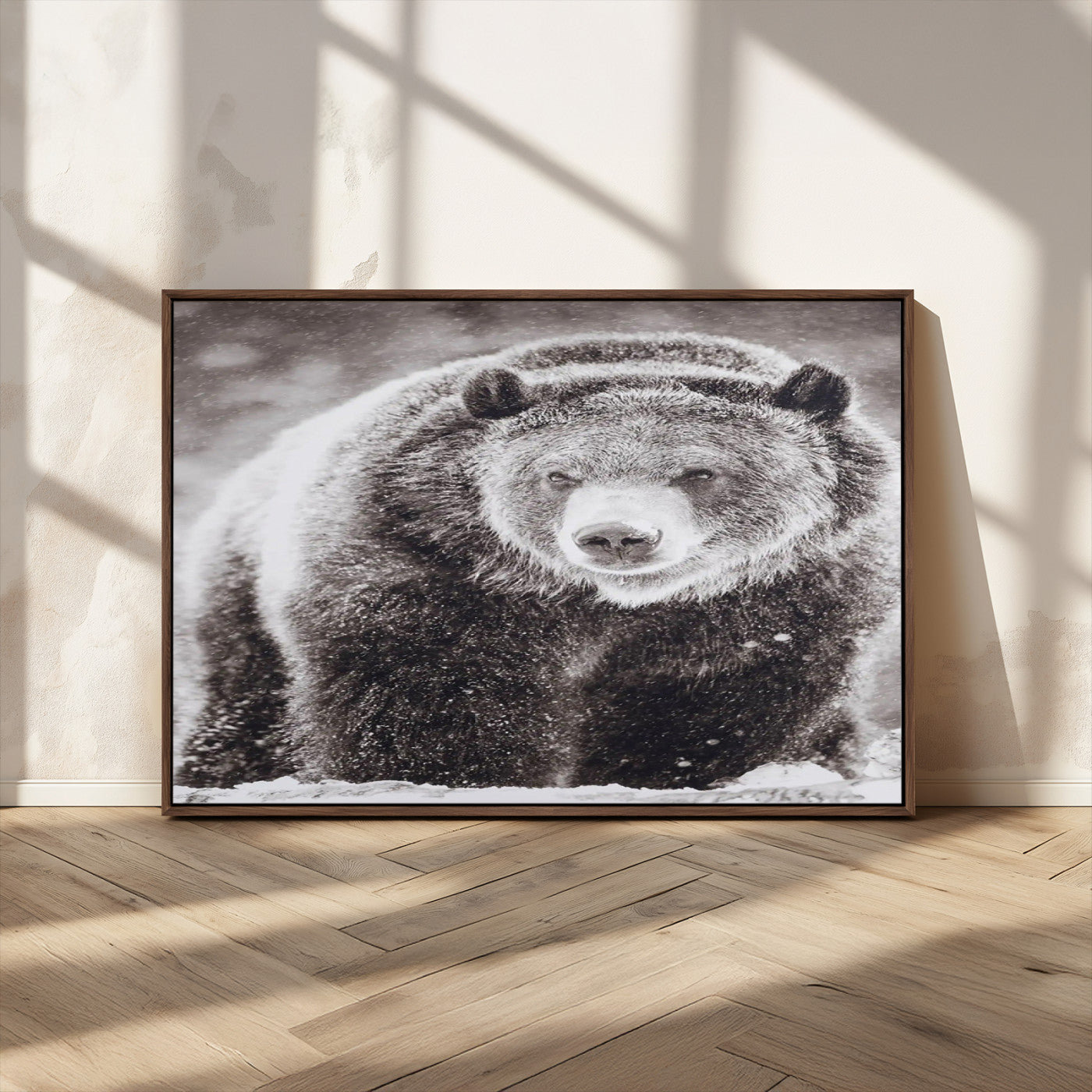 Snow-covered grizzly bear in black and white, ideal for rustic lodge, cabin or wildlife-themed home wall decor.