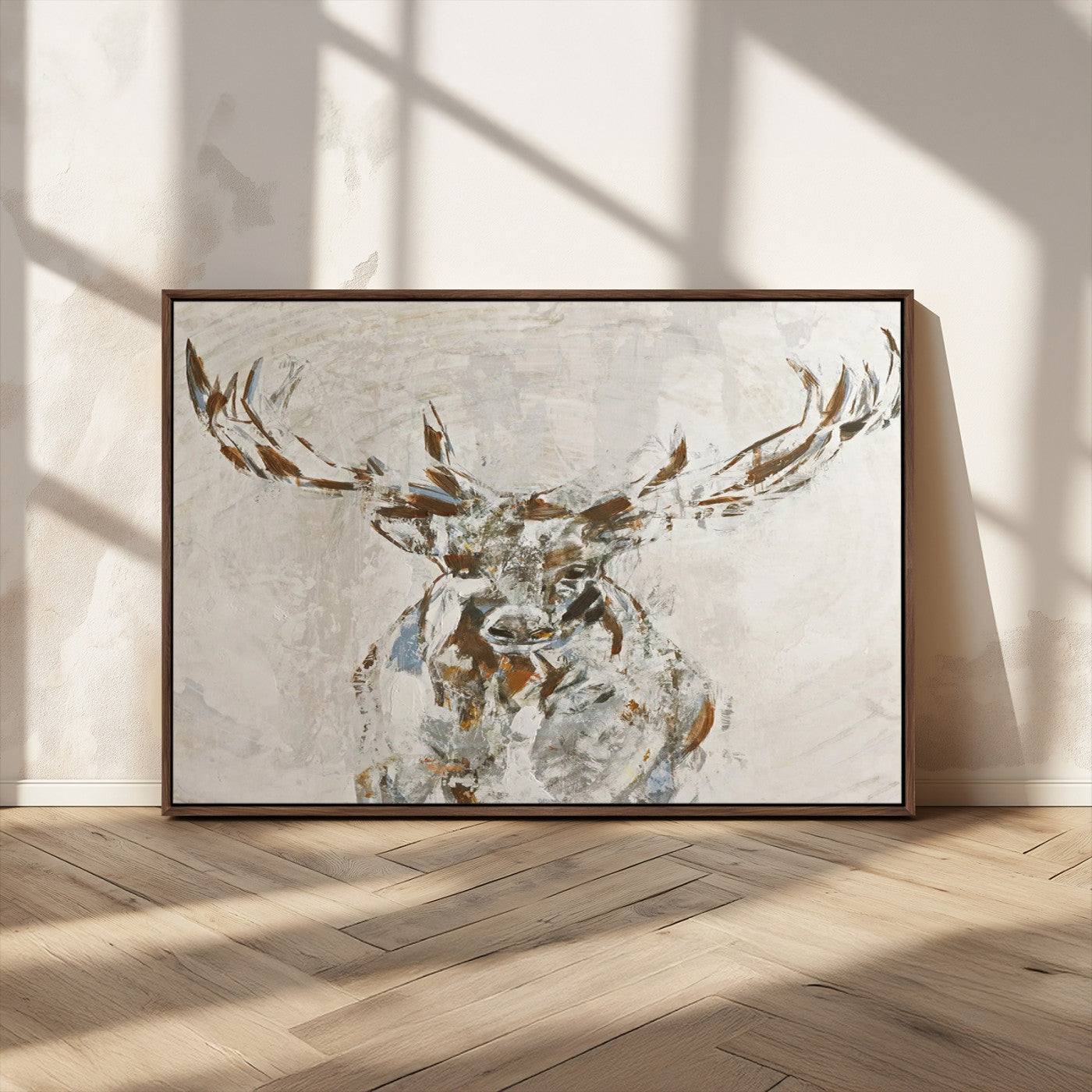 Abstract painting of a deer with antlers in neutral earth tones, ideal for modern rustic or lodge-style living room wall decor.