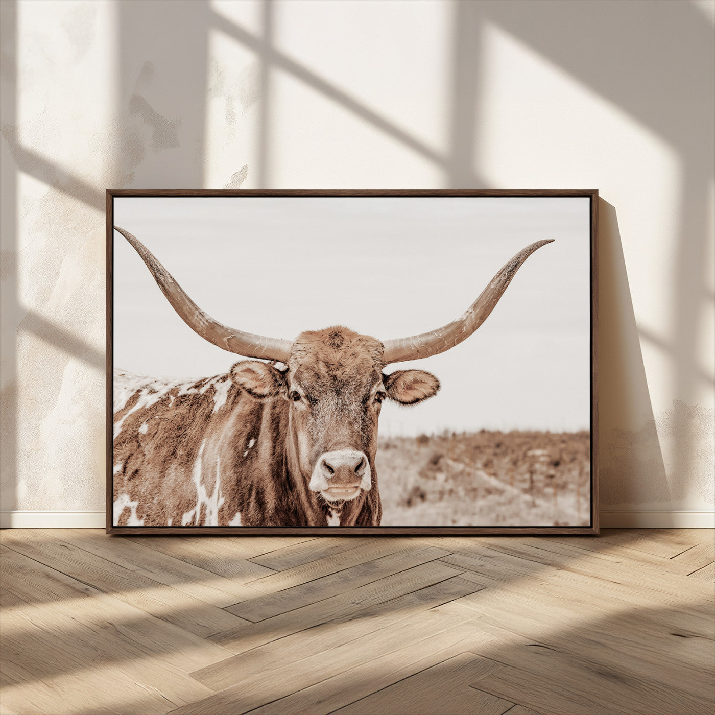 MGV-FC-36X24 - Longhorn Cow Wall Art Canvas Print, Framed Texas Ranch Art Picture Print, Western Bull Perfect County Decor Artwork