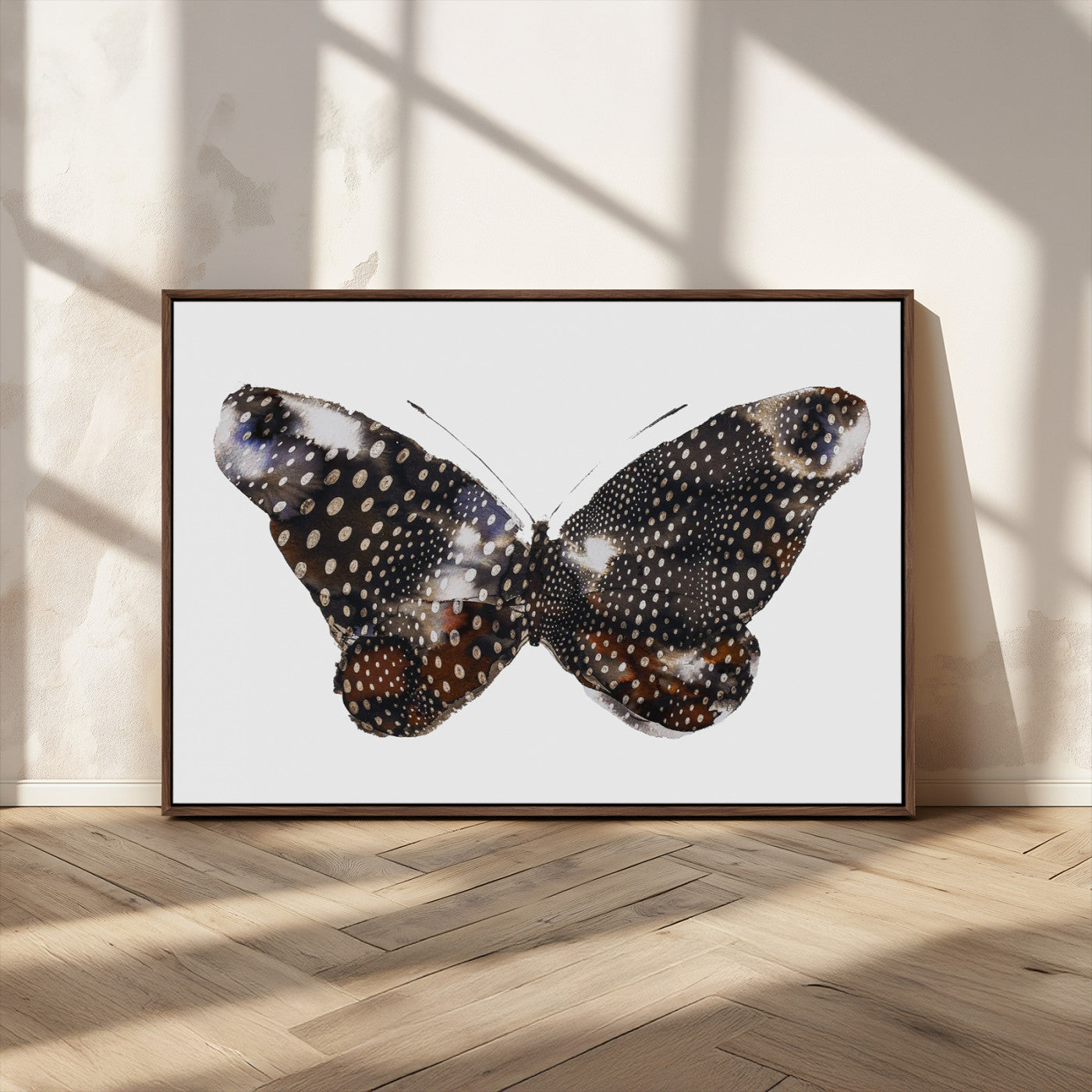 MGV-FC-36X24 - Spotted Butterfly Wall Art Canvas Print, Framed Neutral Insect Theme Art Picture Print, Earthy Wing Pattern Perfect Modern Rustic Decor Artwork