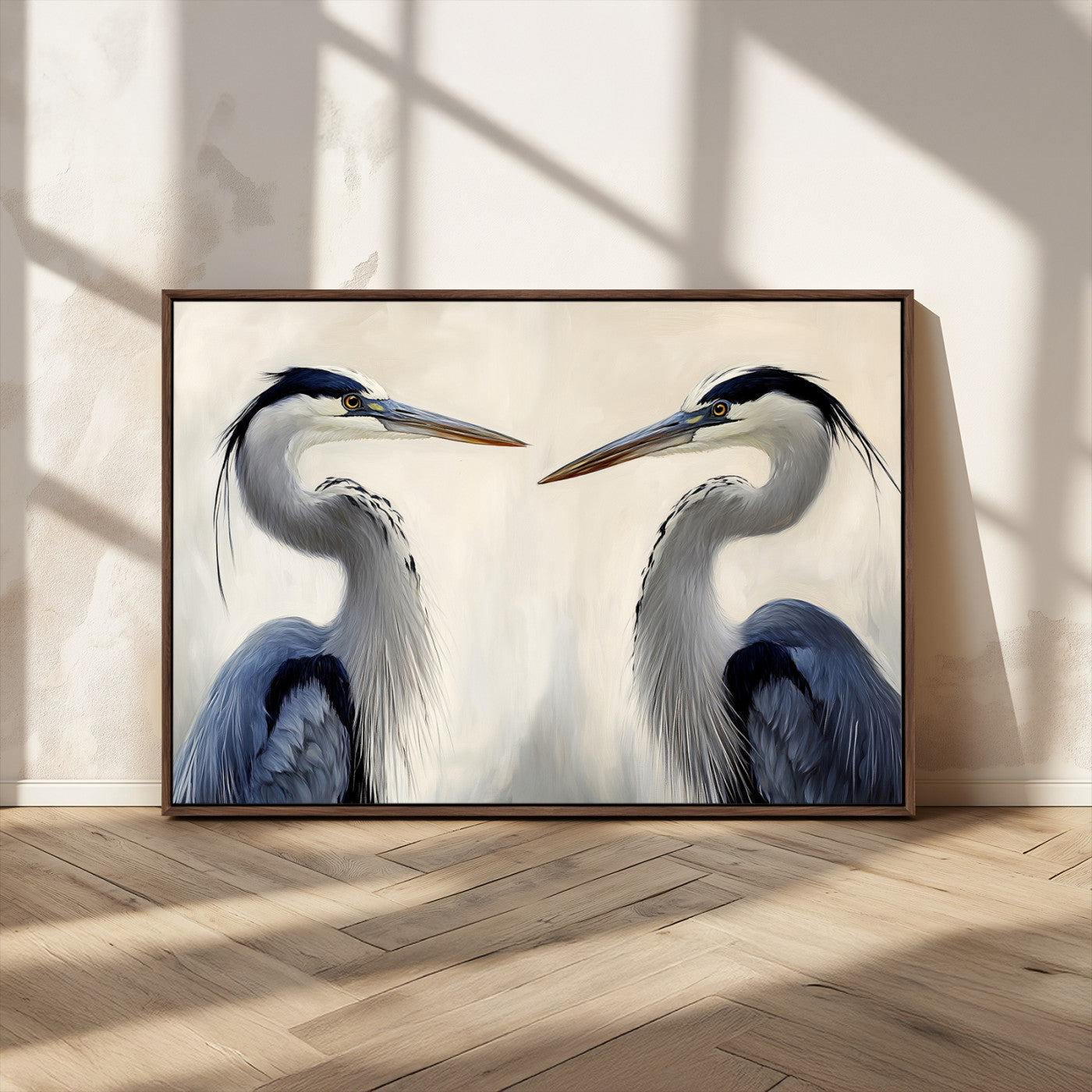 MGV-FC-36X24 - Blue Heron Pair Wall Art Canvas Print, Framed Coastal Bird Theme Art Picture Print, Tranquil Wildlife Scene Perfect Coastal Minimalist Decor Artwork