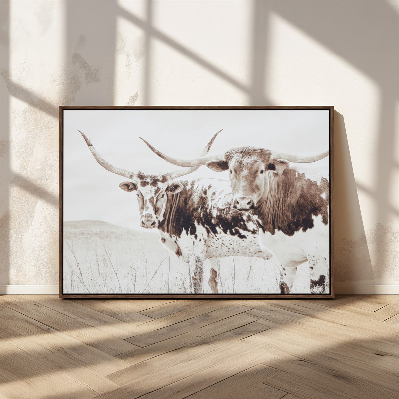 MGV-FC-36X24 - Longhorn Wall Art Wall Art Canvas Print, Framed Western Cow Canvas Art Picture Print, Rustic Farm Decor Perfect Rustic Farmhouse Decor Artwork