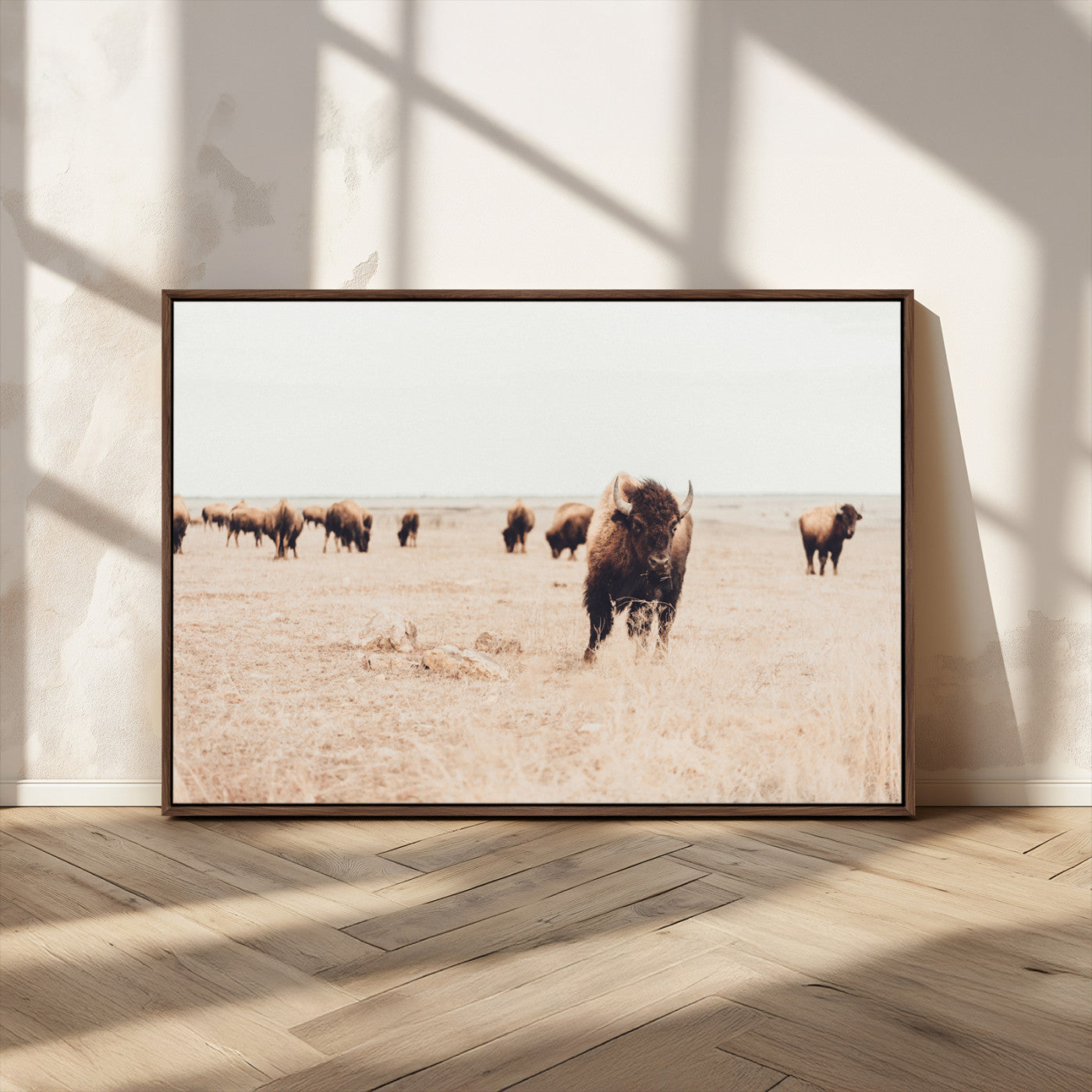 MGV-FC-36X24 - Bison Herd Wall Art Canvas Print, Framed Western Art Picture Print, Prairie Serenity Perfect Ranch Decor Artwork