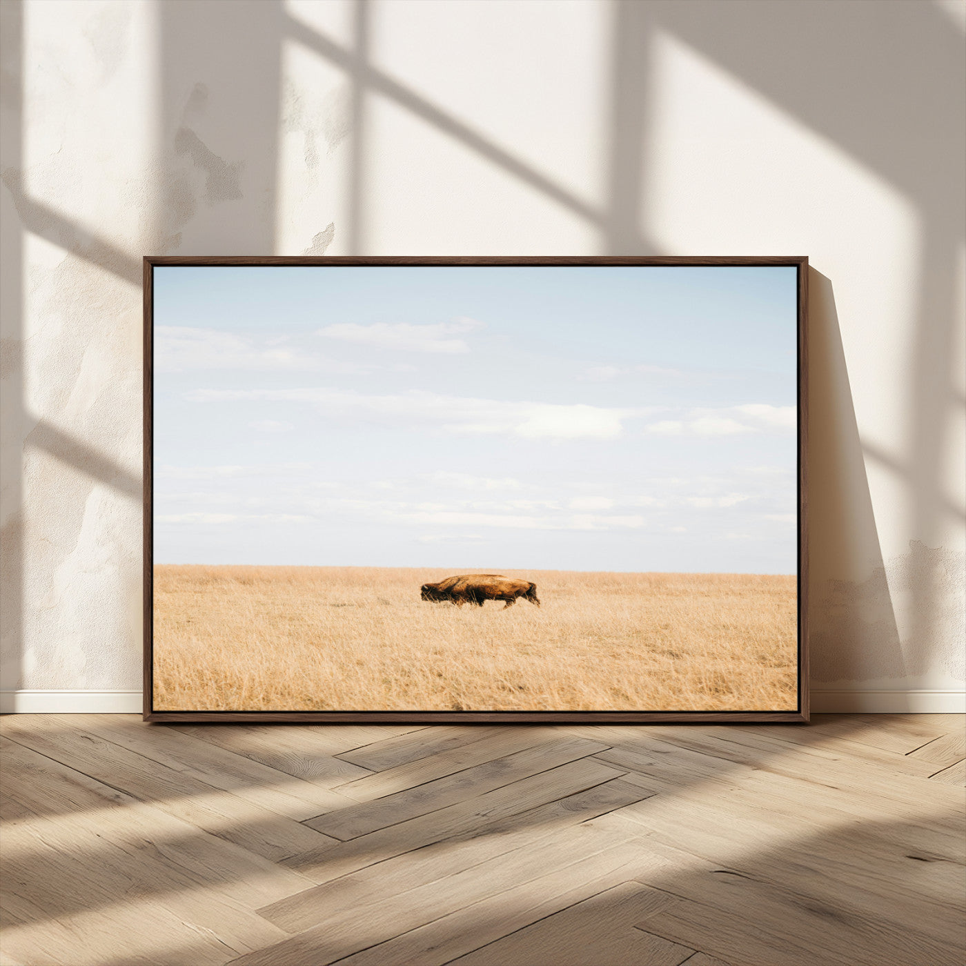 MGV-FC-36X24 - Minimalist Nature Wall Art Canvas Print, Framed Bison In Grassland Art Picture Print, Open Field Perfect Modern Ranch Decor Decor Artwork