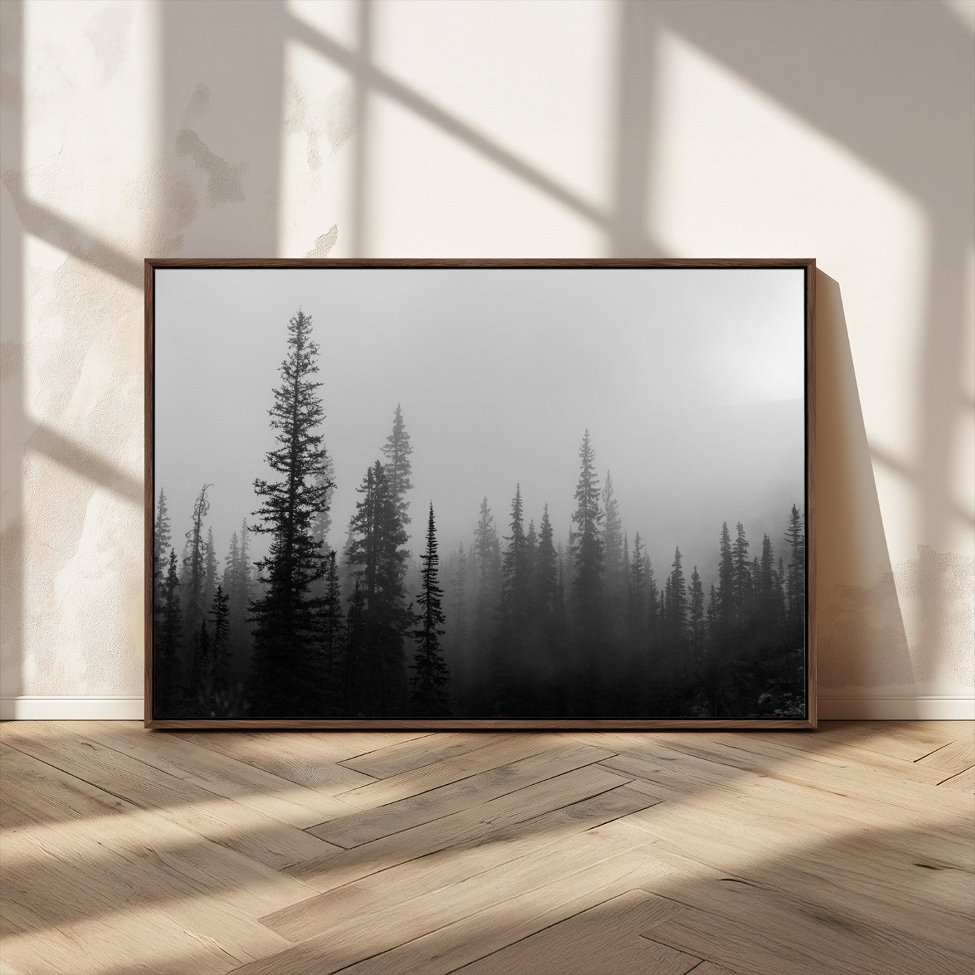 MGV-FC-36X24 - Misty Pines Wall Art Canvas Print, Framed Woodland Photography Art Picture Print, Minimalist Decor Perfect Rustic Decor Artwork