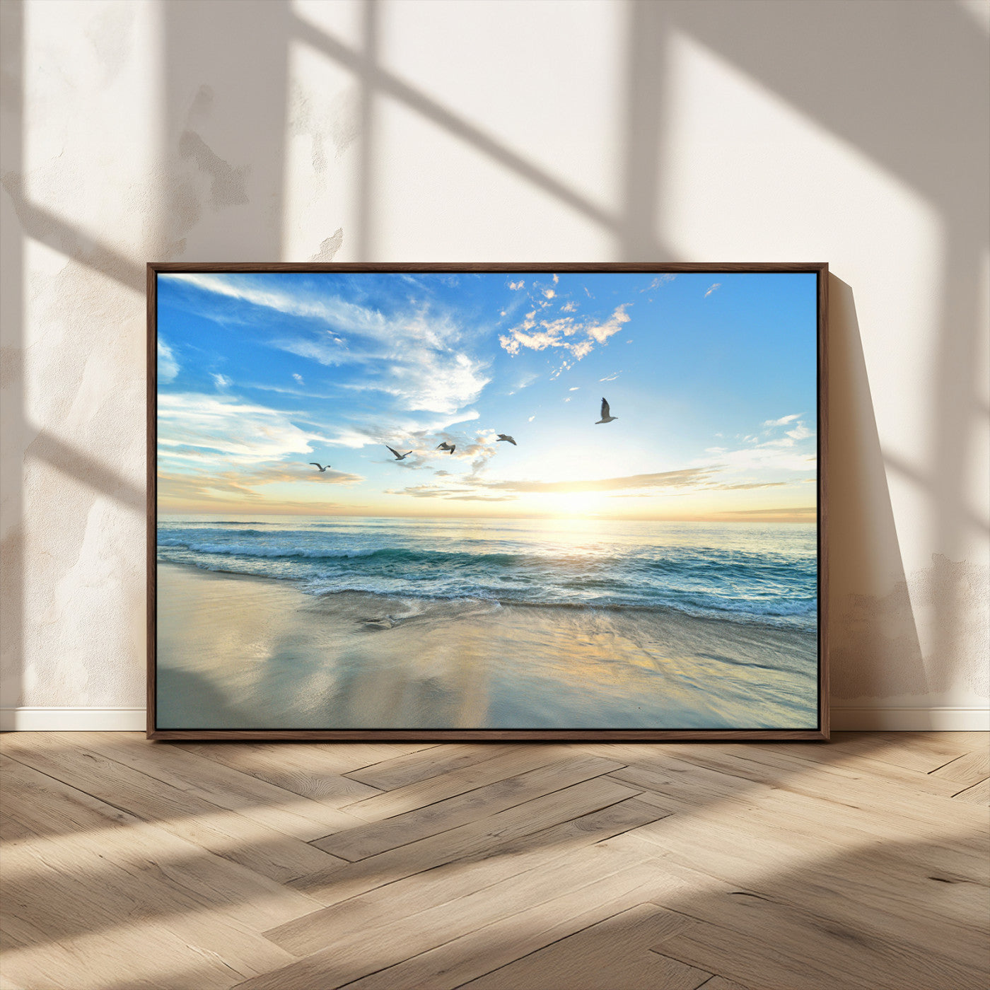 MGV-FC-36X24 - Minimalist Seaside Wall Art Canvas Print, Framed Morning Glow Art Picture Print, Golden Reflections Perfect Coastal Minimalist Decor Artwork