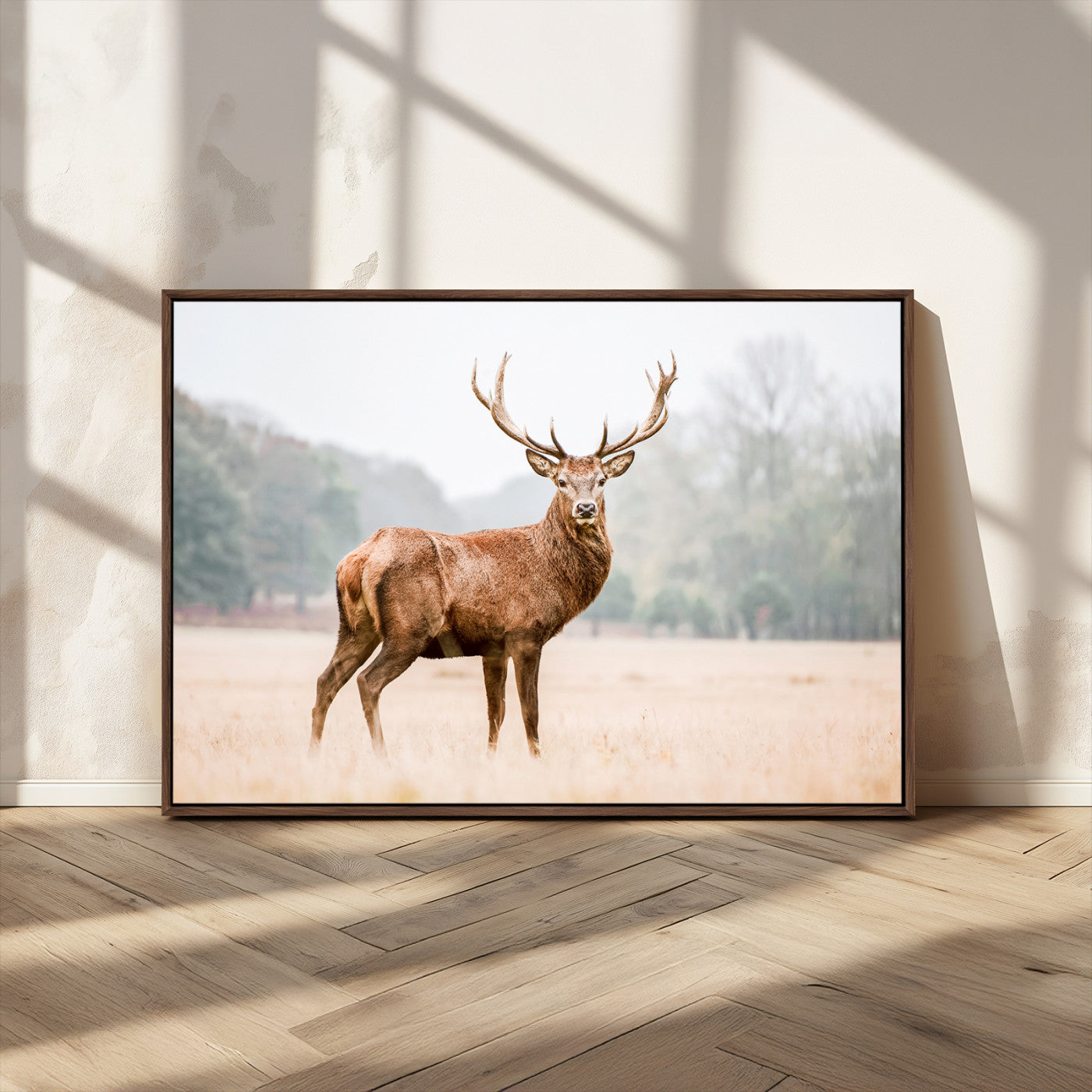 MGV-FC-36X24 - Vintage Wildlife Art Wall Art Canvas Print, Framed Misty Landscape Art Picture Print, Deer Wall Art Perfect Rustic Wildlife Decor Artwork