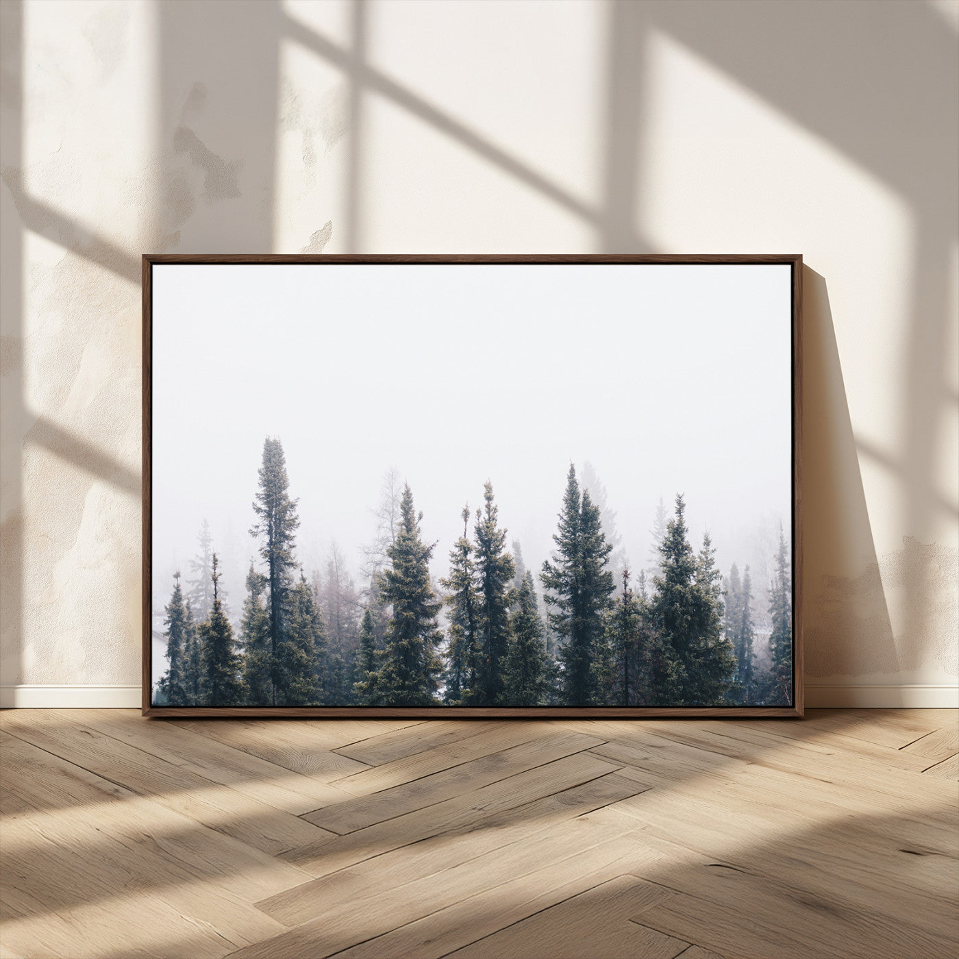 MGV-FC-36X24 - Foggy Forest Wall Art Canvas Print, Framed Misty Pines Art Picture Print, Moody Woodland Perfect Scandinavian Minimalist Decor Artwork