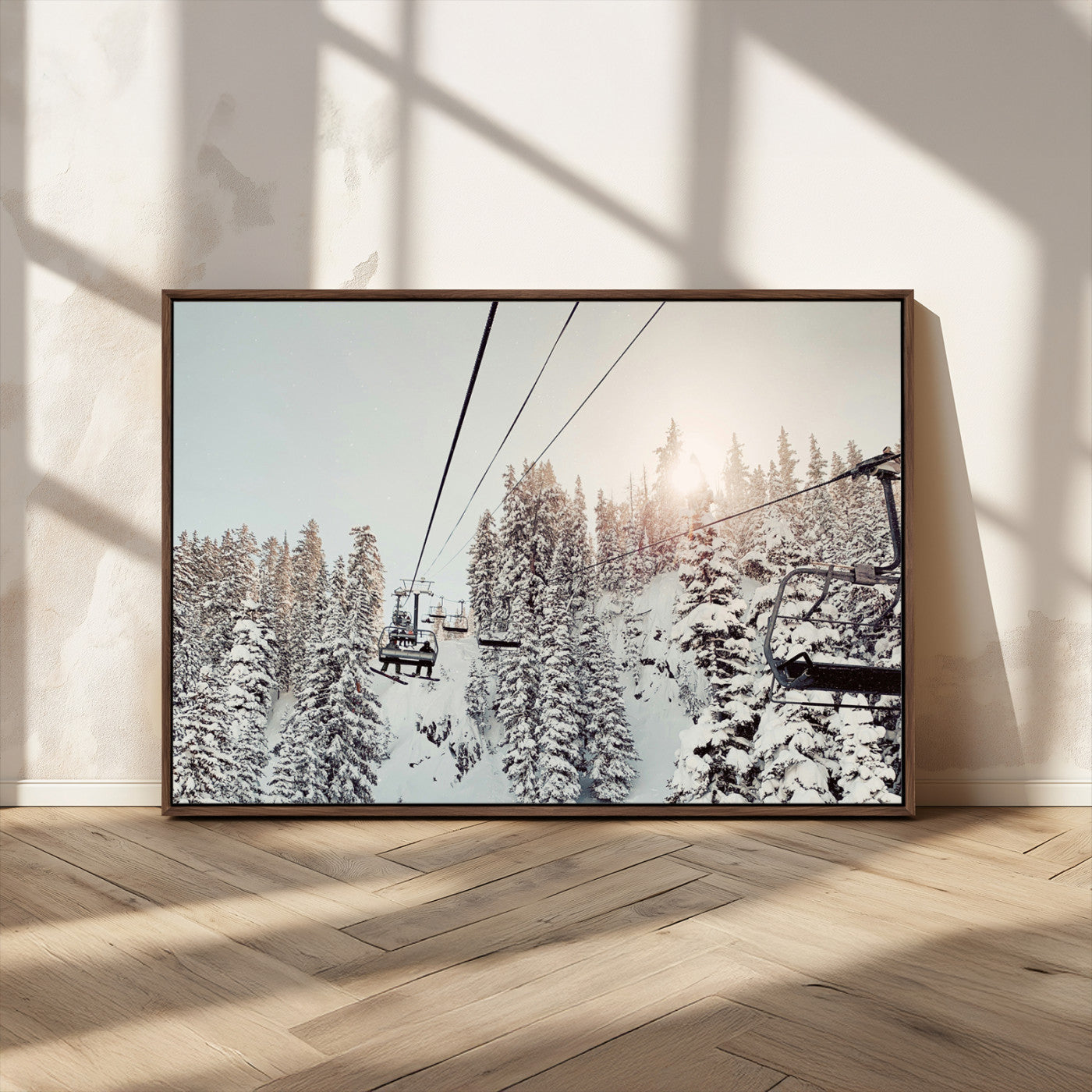 MGV-FC-36X24 - Frosty Pines Wall Art Canvas Print, Framed Cozy Cabin View Art Picture Print, Ski Lift Ride Perfect Rustic Lodge Decor Artwork