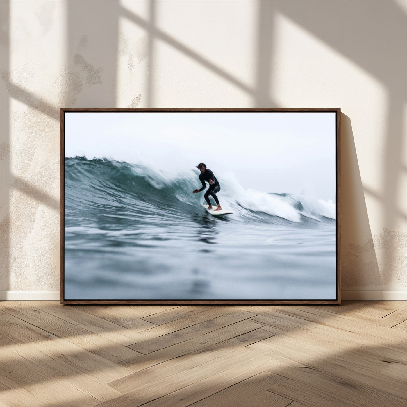 MGV-FC-36X24 - Surfer on Wave Wall Art Canvas Print, Framed Ocean Adventure Art Picture Print, Motion Blur Water Perfect Coastal Adventure Decor Artwork