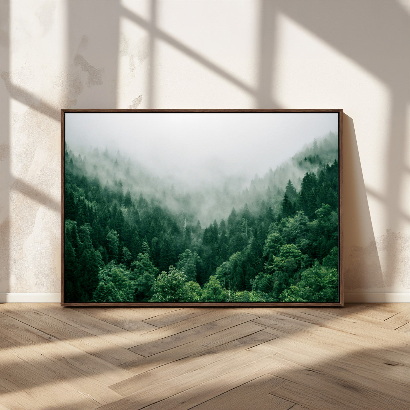 MGV-FC-36X24 - Misty Green Forest Canvas Print – Serene Foggy Pine Landscape Wall Art, Tranquil Nature Decor for