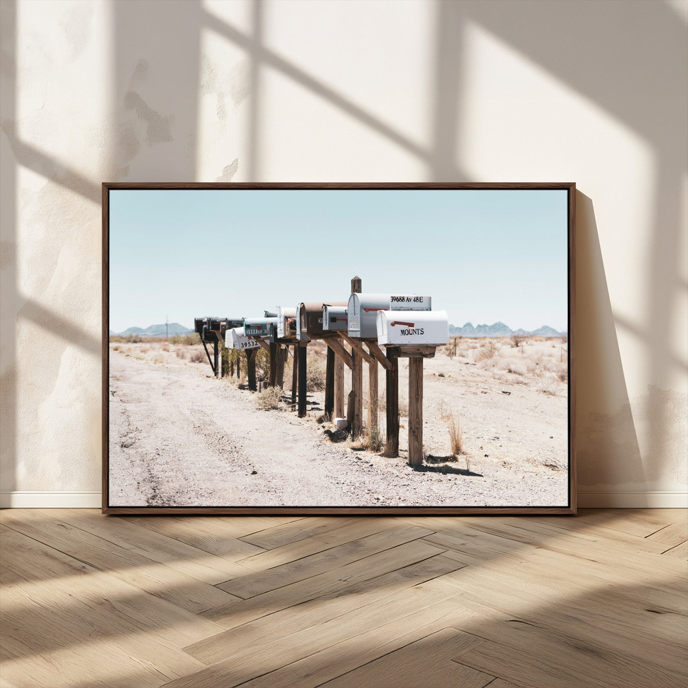 MGV-FC-36X24 - Desert Mailboxes Canvas Print – Minimal Western Landscape Photography, Rustic Americana Wall Art for