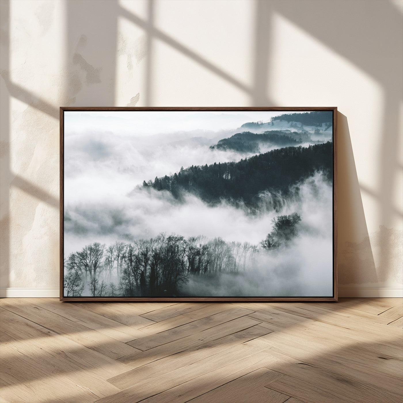 MGV-FC-36X24 - Foggy Forest Landscape Wall Art Canvas Print – Misty Mountain Valley Scene in Monochrome Tones,