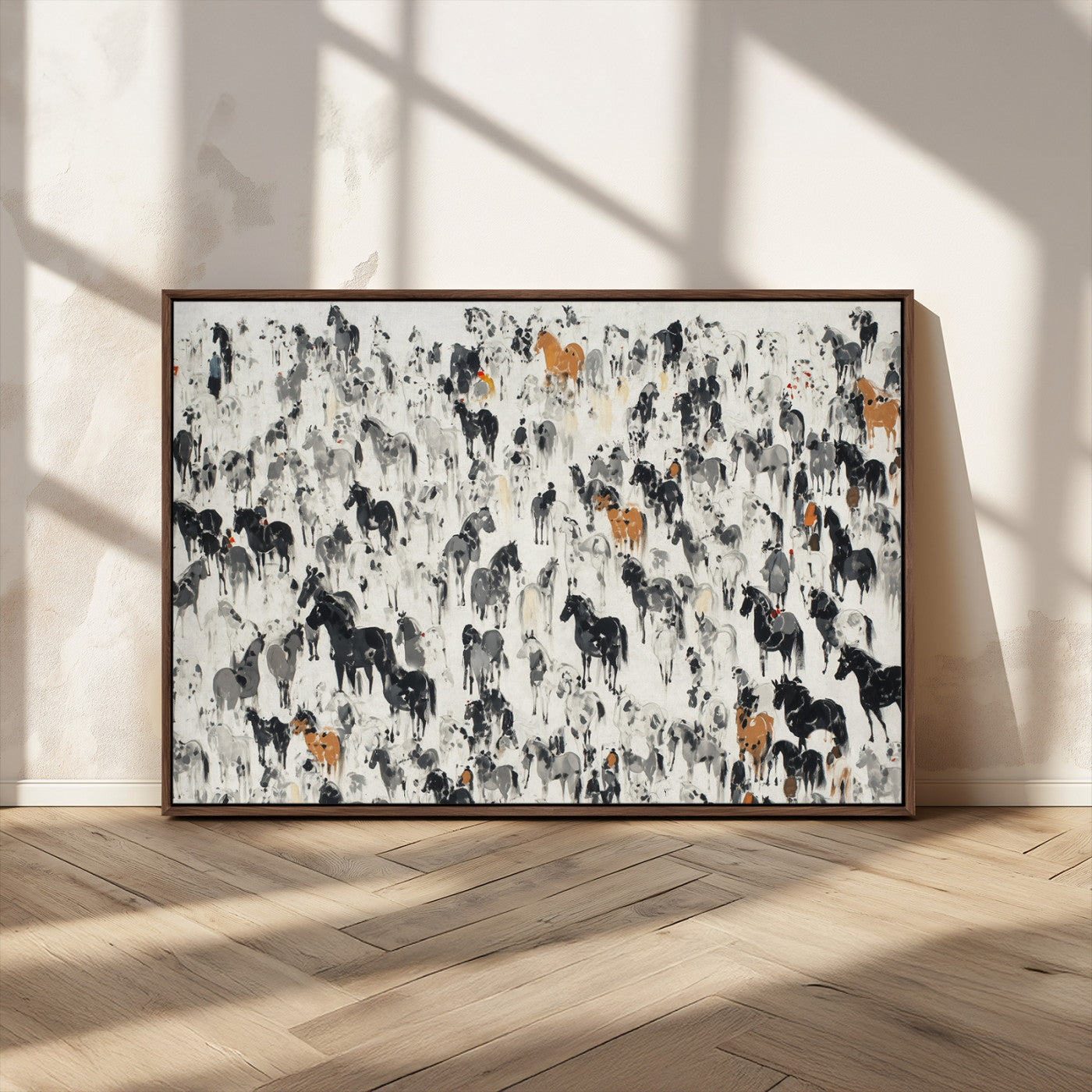 MGV-FC-36X24 - Wild Horse Stampede Wall Art Canvas Print – Monochrome Ink Brush Painting of Running Horses, Perfect