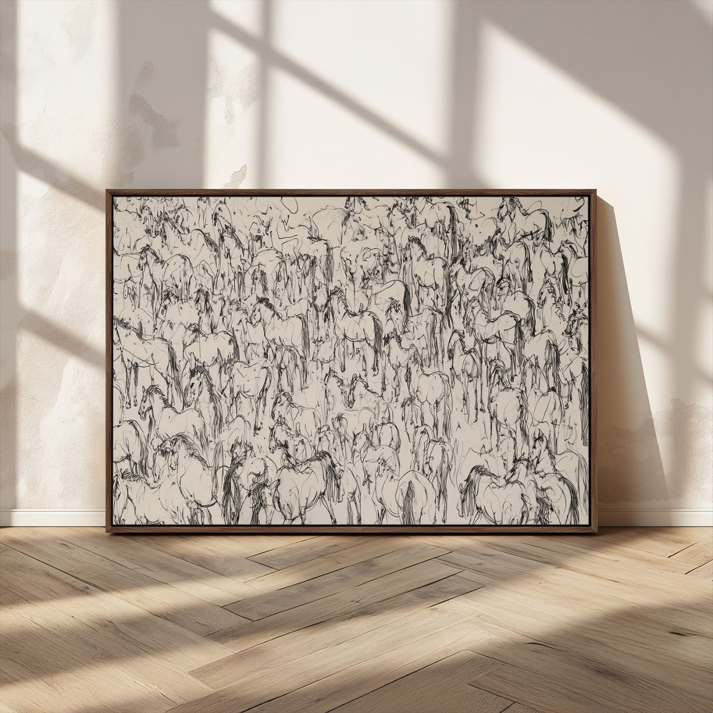 MGV-FC-36X24 - Wild Horse Stampede Wall Art Canvas Print – Monochrome Ink Brush Painting of Running Horses, Perfect