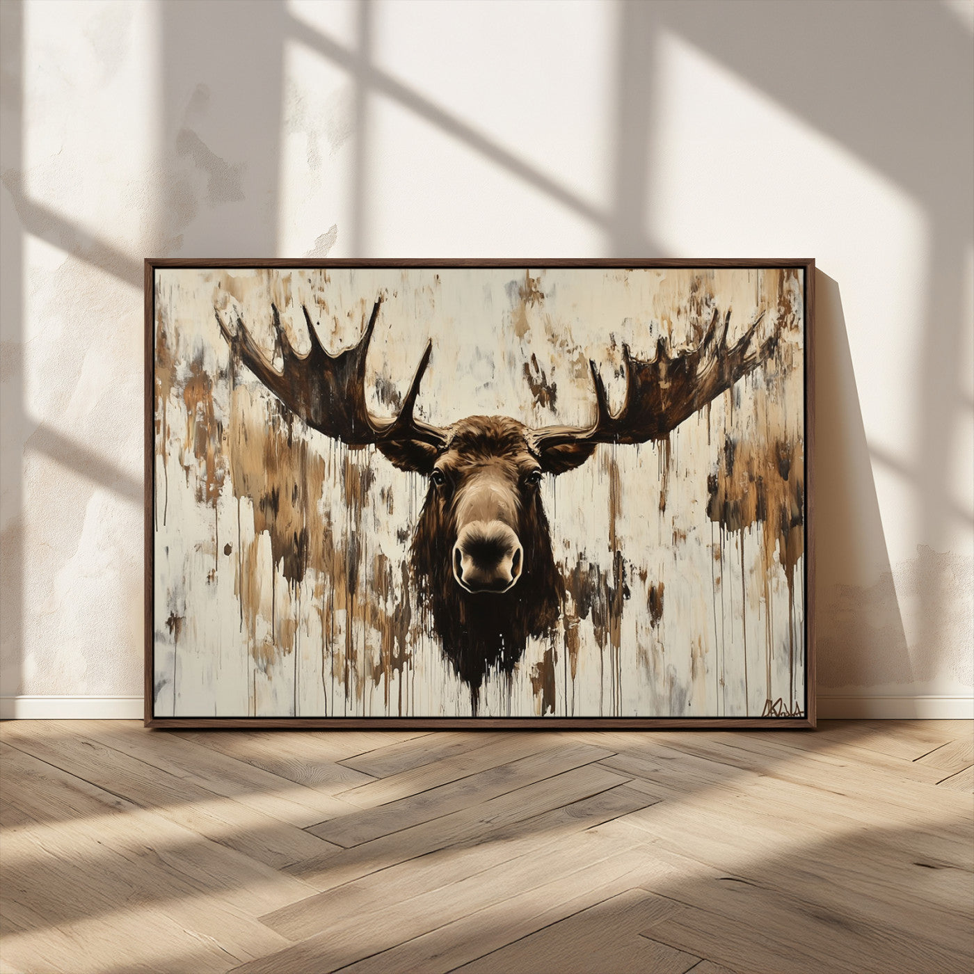 34496536-MGV-CV-36X24 - Powerful Moose Portrait Wall Art – Rich Earthy Tones, Expressive Brushstrokes, Striking Gaze, Raw Nature Vibes Decor for Home or Office