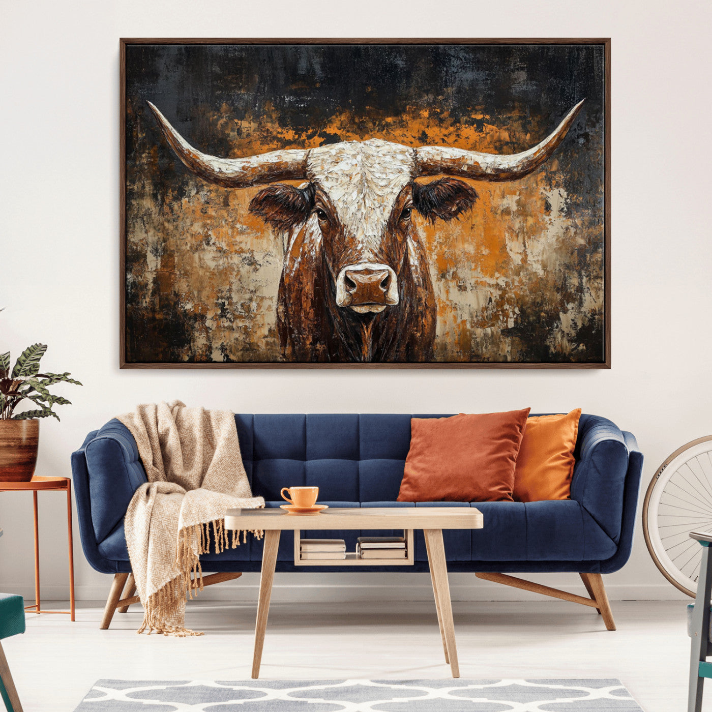 25265572-MGV-CV-36X24-Rustic Longhorn Bull Wall Art Canvas Print – Vintage Western Cattle Painting, Texas Steer Artwork for Ranch, Farmhouse or Cowboy Decor
