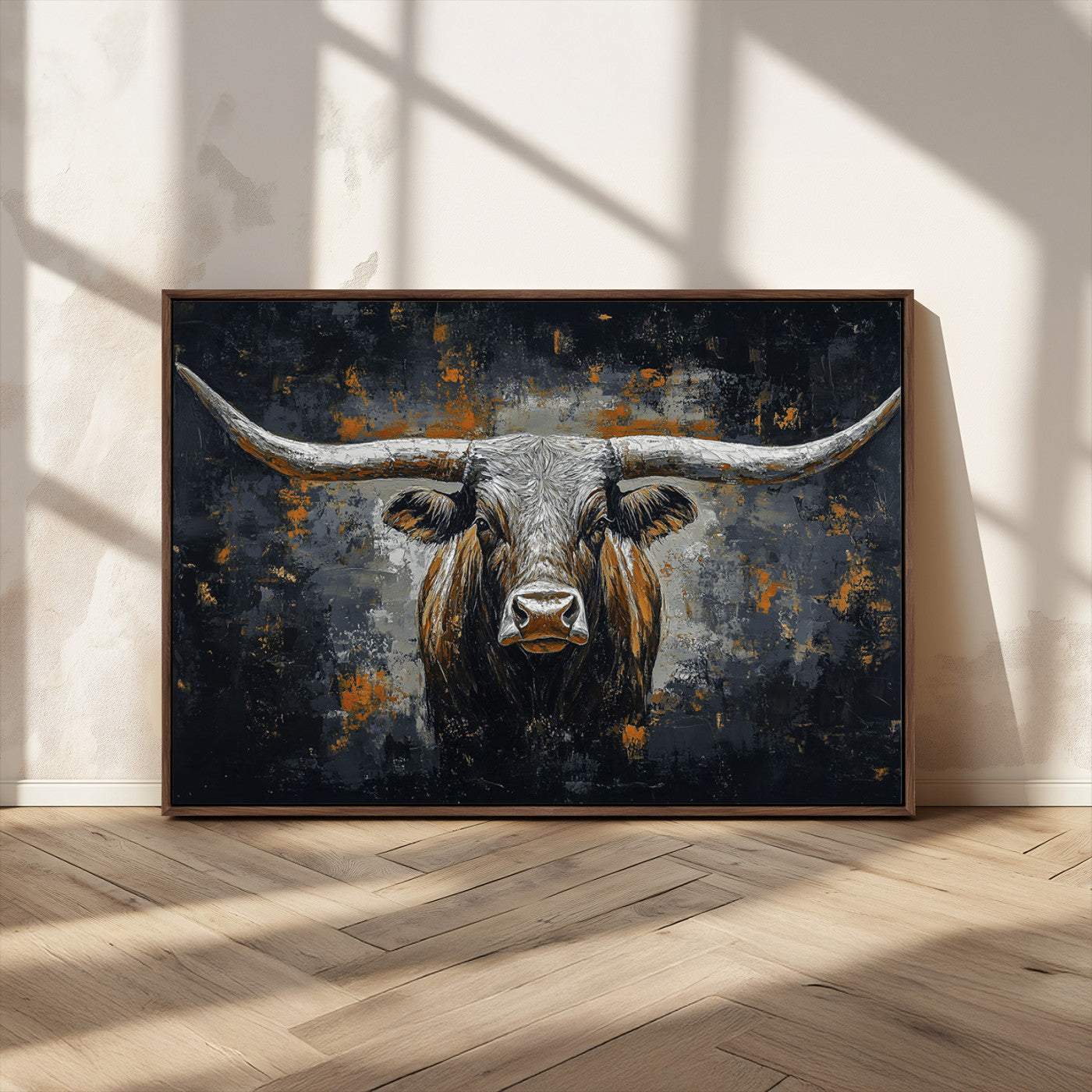 Rustic Longhorn Bull Wall Art Canvas Print – Vintage Western Cattle Painting, Texas Steer Artwork for Ranch, Farmhouse or Cowboy Decor