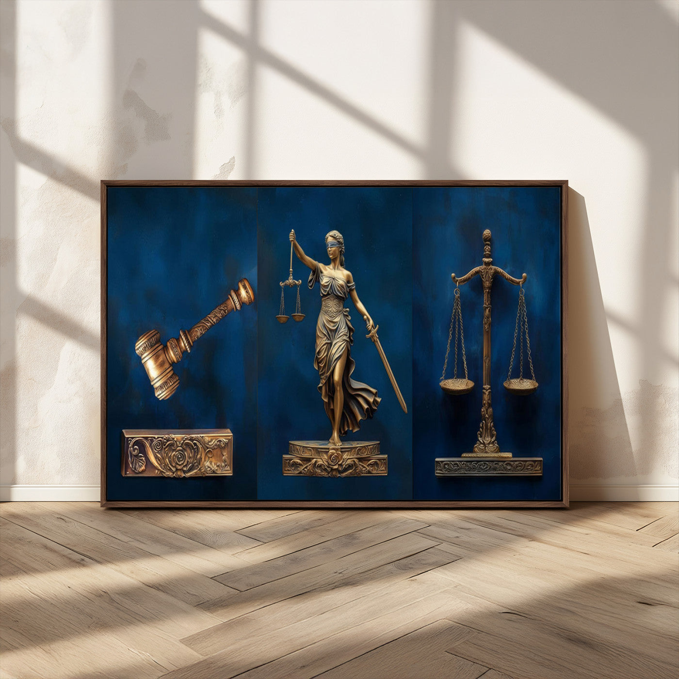 MGV-FC-36X24 - Lady Justice Wall Art Canvas Print – Elegant Gold Legal Symbols on Blue Background, Perfect for Law