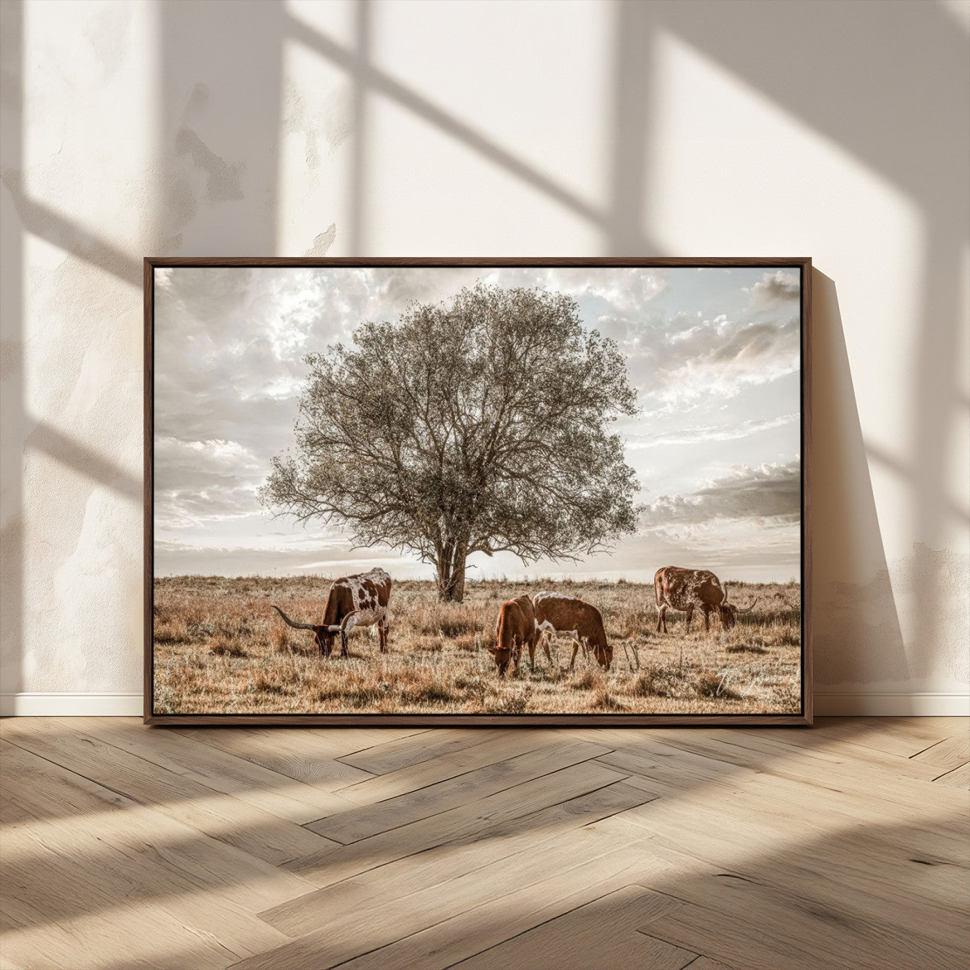 Texas Longhorn Cattle Wall Art Canvas Print – Rustic Western Ranch Scene with Steers at Sunset, Perfect for Farmhouse or Cowboy Decor