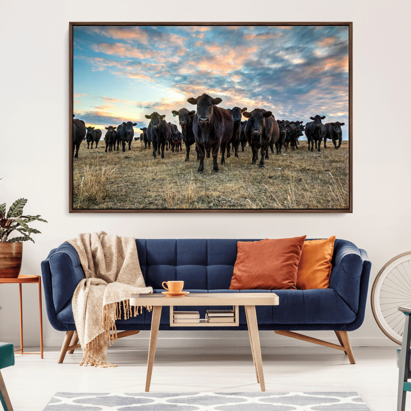 13867292-MGV-CV-36X24-Texas Longhorn Cattle Wall Art Canvas Print – Rustic Western Ranch Scene with Steers at Sunset, Perfect for Farmhouse or Cowboy Decor