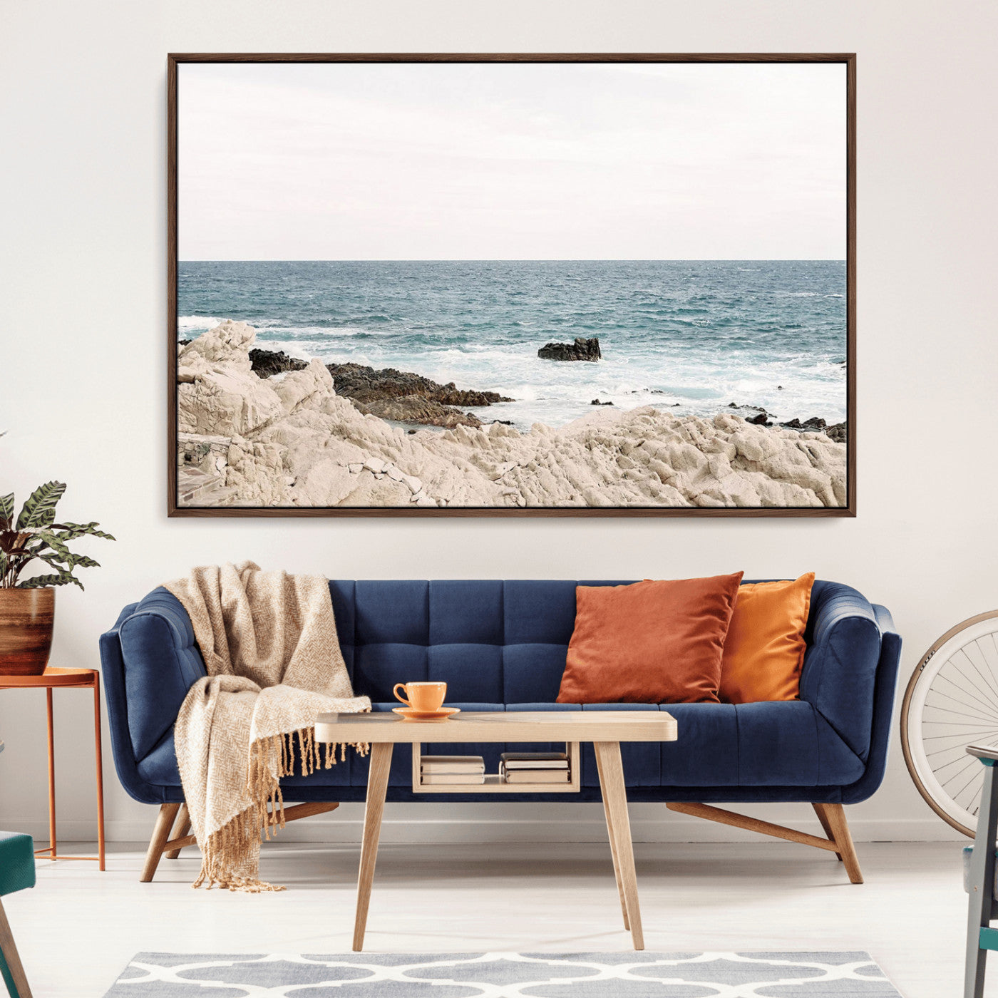 Coastal Ocean View Wall Art Canvas Print – Serene Rocky Shoreline and Blue Sea Photography for Coastal Chic or Minimalist Home Decor