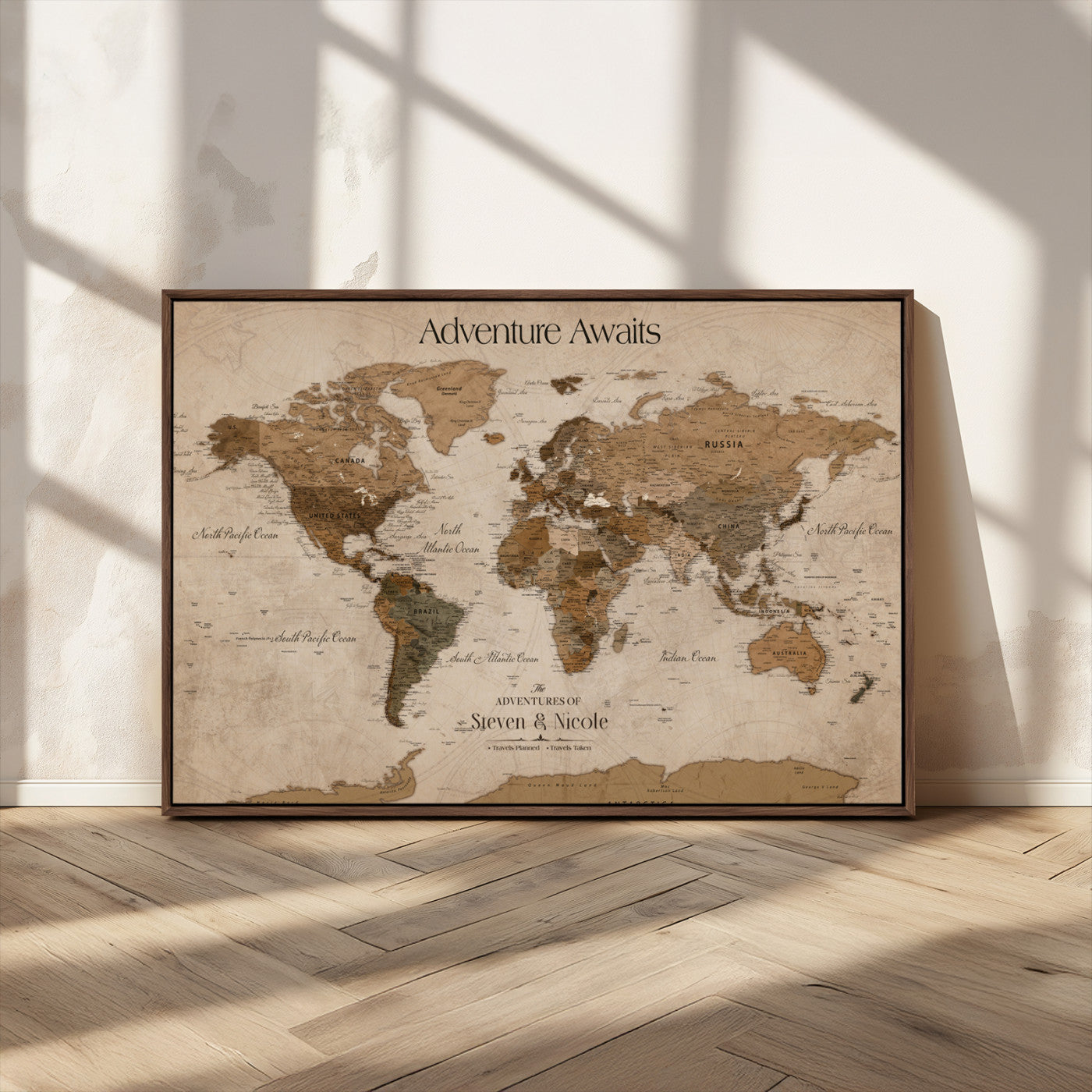 MGV-FC-36X24 - Custom Push Pin World Map Wall Canvas Print – Personalized Travel Tracker with Pins – Framed Custom Quotie Canvas for Home Office Decor
